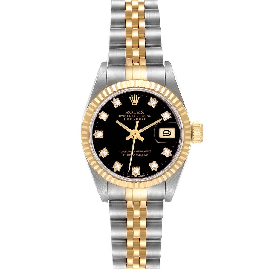 The Rolex Datejust watch is shown from the front, displaying the dial, bezel, bracelet, and crown.