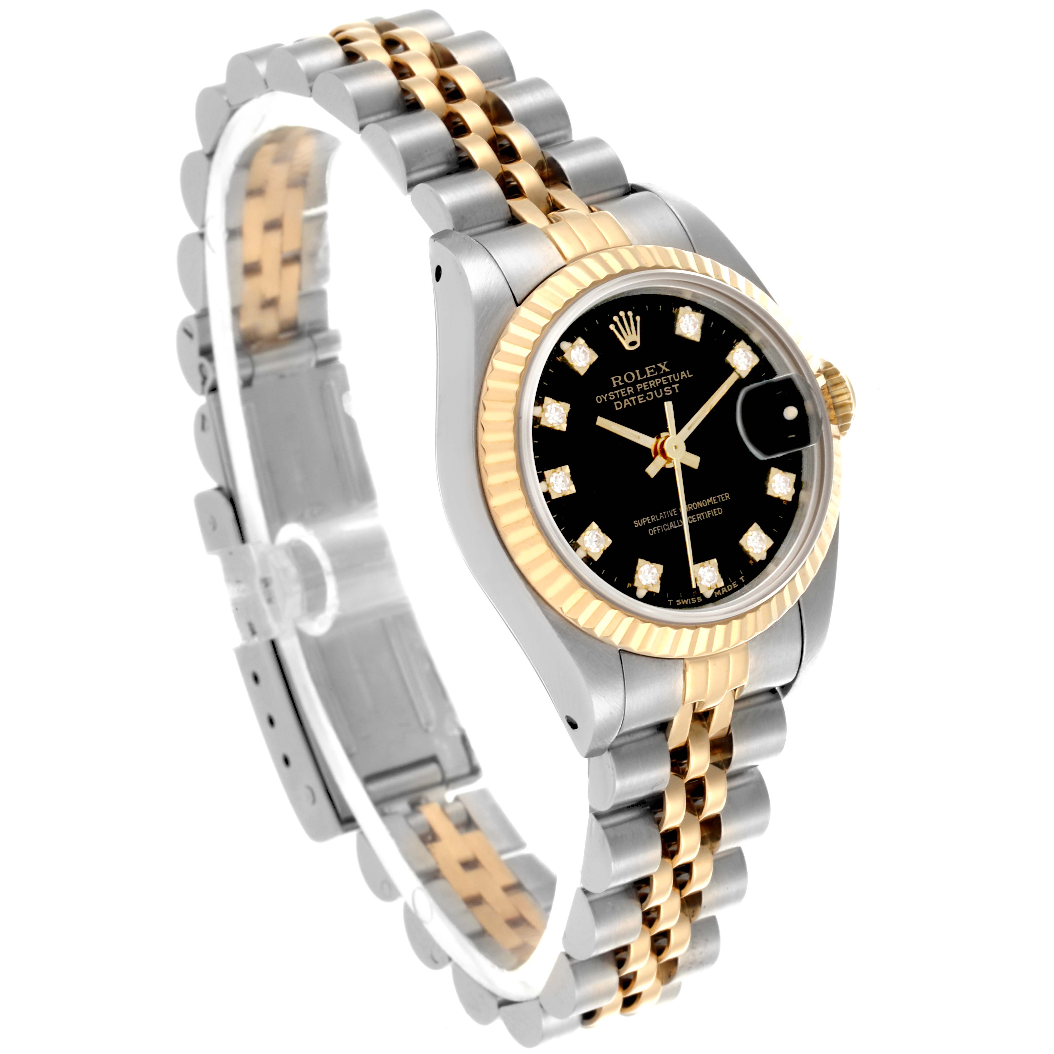 The Rolex Datejust 69173 Women's Steel and Gold (two tone) Black Dial 69173 Women's Steel and Gold (two tone) Black Dial watch is shown at a side angle, displaying the face, bezel, crown, and two-tone bracelet.