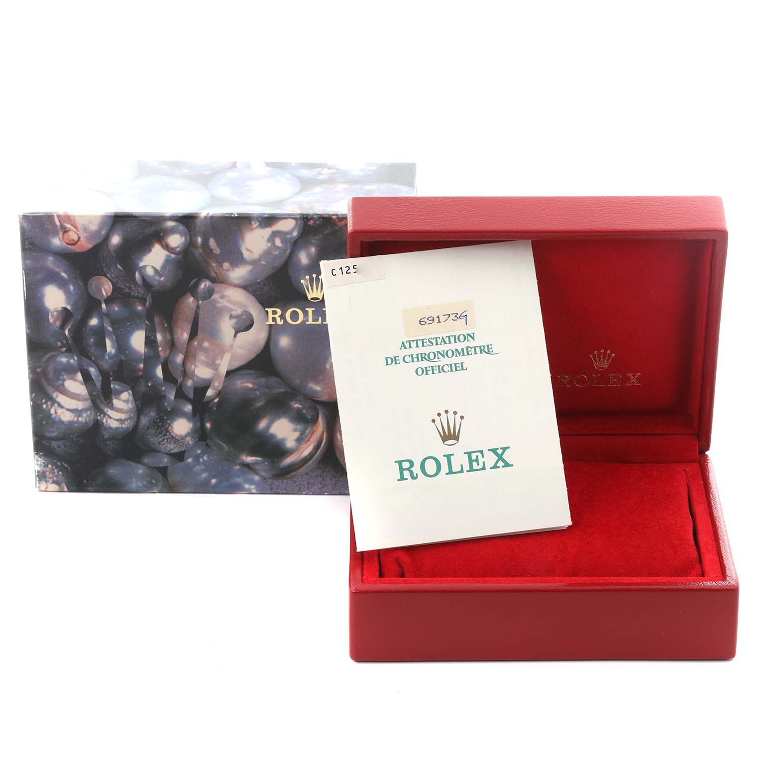 The image shows a Rolex Datejust 69173 Women's Steel and Gold (two tone) Black Dial 69173 Women's Steel and Gold (two tone) Black Dial box and certificate, with the box open revealing its interior.