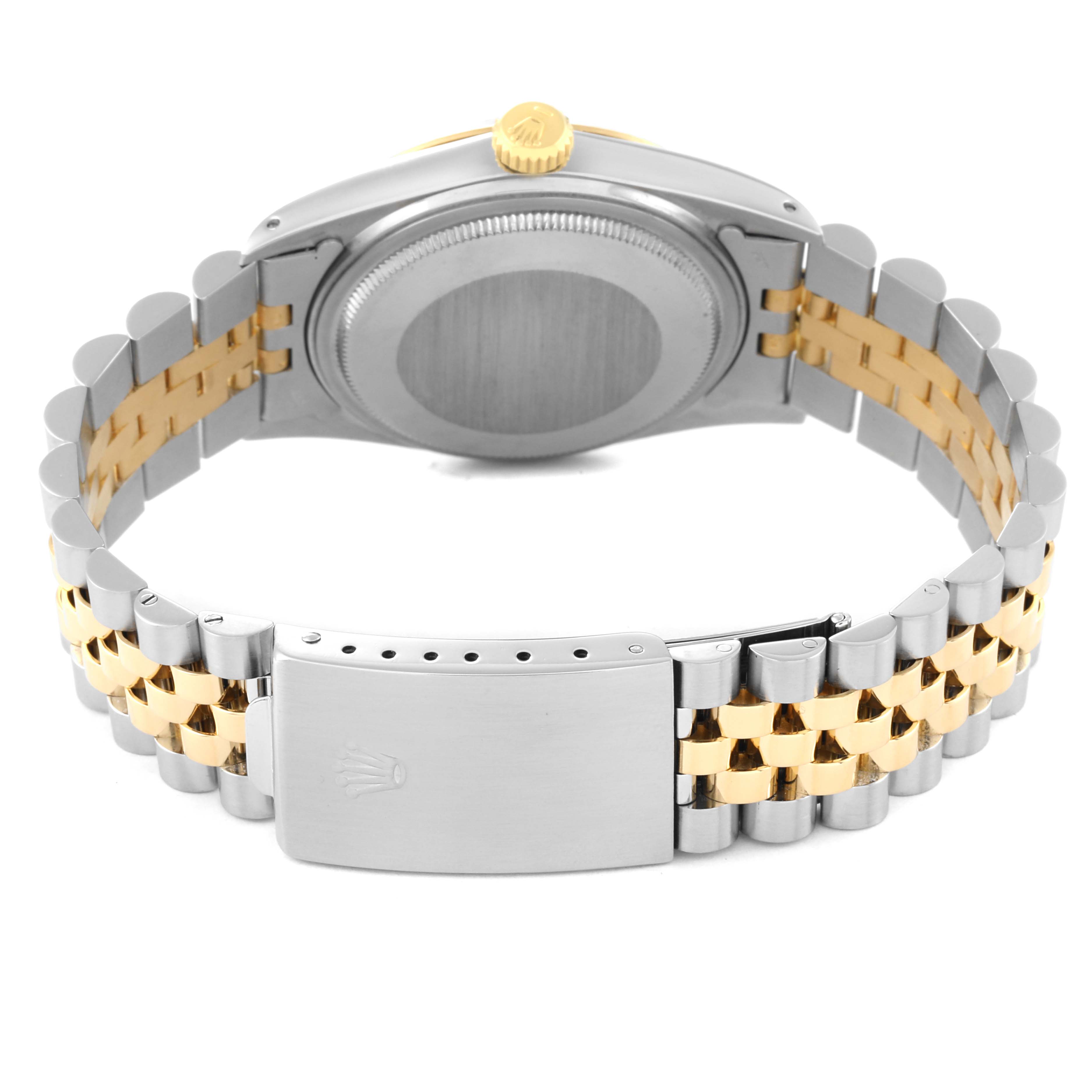 The image shows the back view of a Rolex Vintage Collection 16013 Men's Steel and Gold (two tone) Black Dial 16013 Men's Steel and Gold (two tone) Black Dial watch, highlighting its two-tone bracelet and clasp.