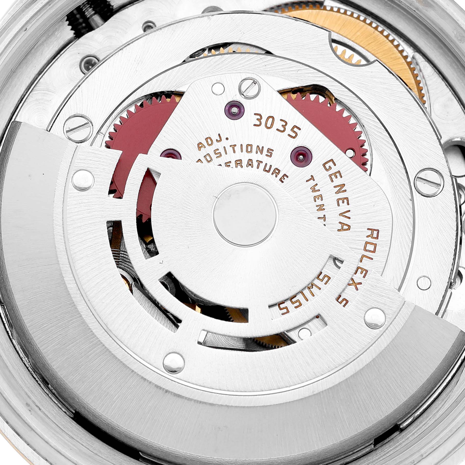 This image shows the intricate internal movement mechanism of a Rolex Vintage Collection 16013 Men's Steel and Gold (two tone) Black Dial 16013 Men's Steel and Gold (two tone) Black Dial watch, model 3035.