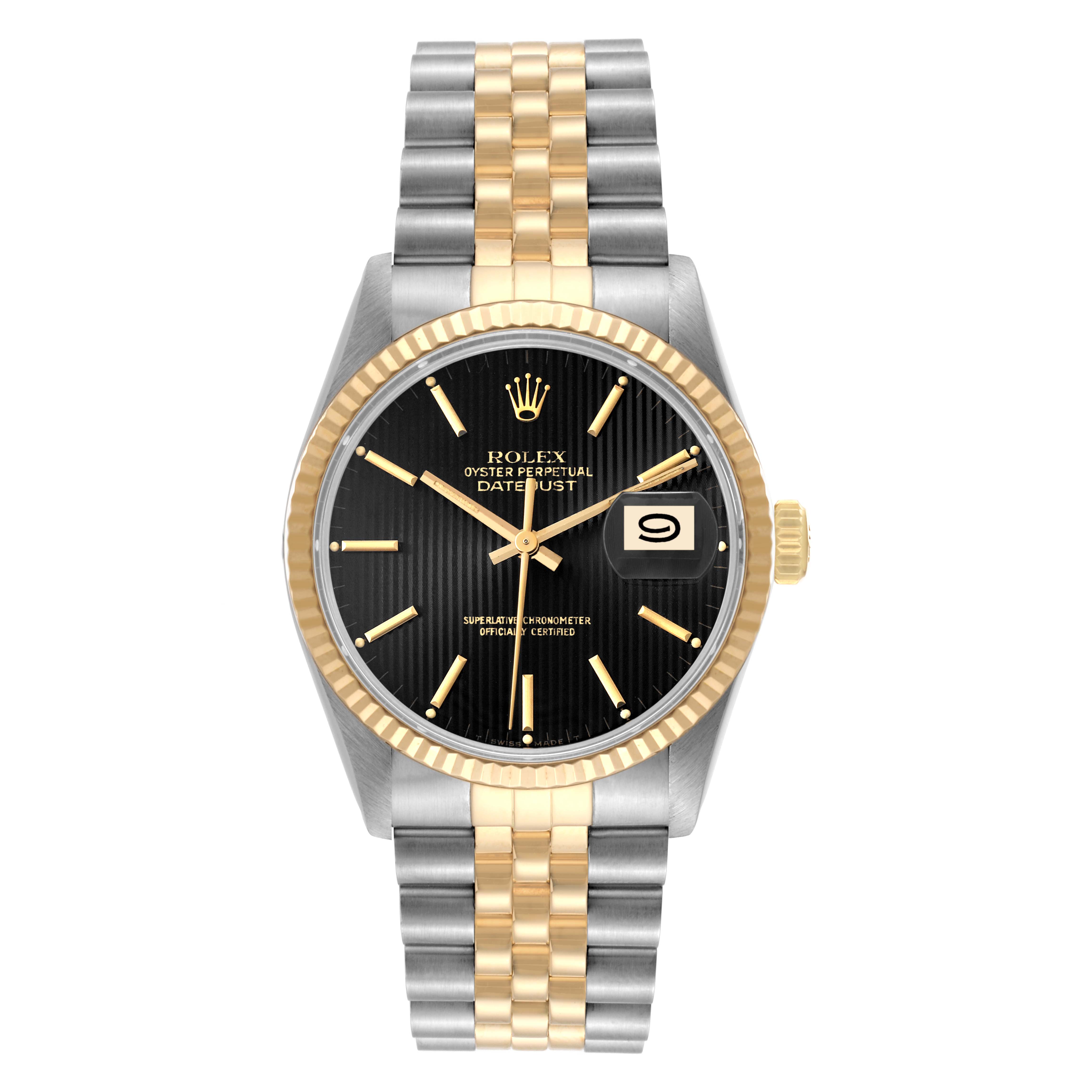 The image shows a front view of a Rolex Vintage Collection 16013 Men's Steel and Gold (two tone) Black Dial 16013 Men's Steel and Gold (two tone) Black Dial Datejust watch, featuring a black dial and two-tone metal band.