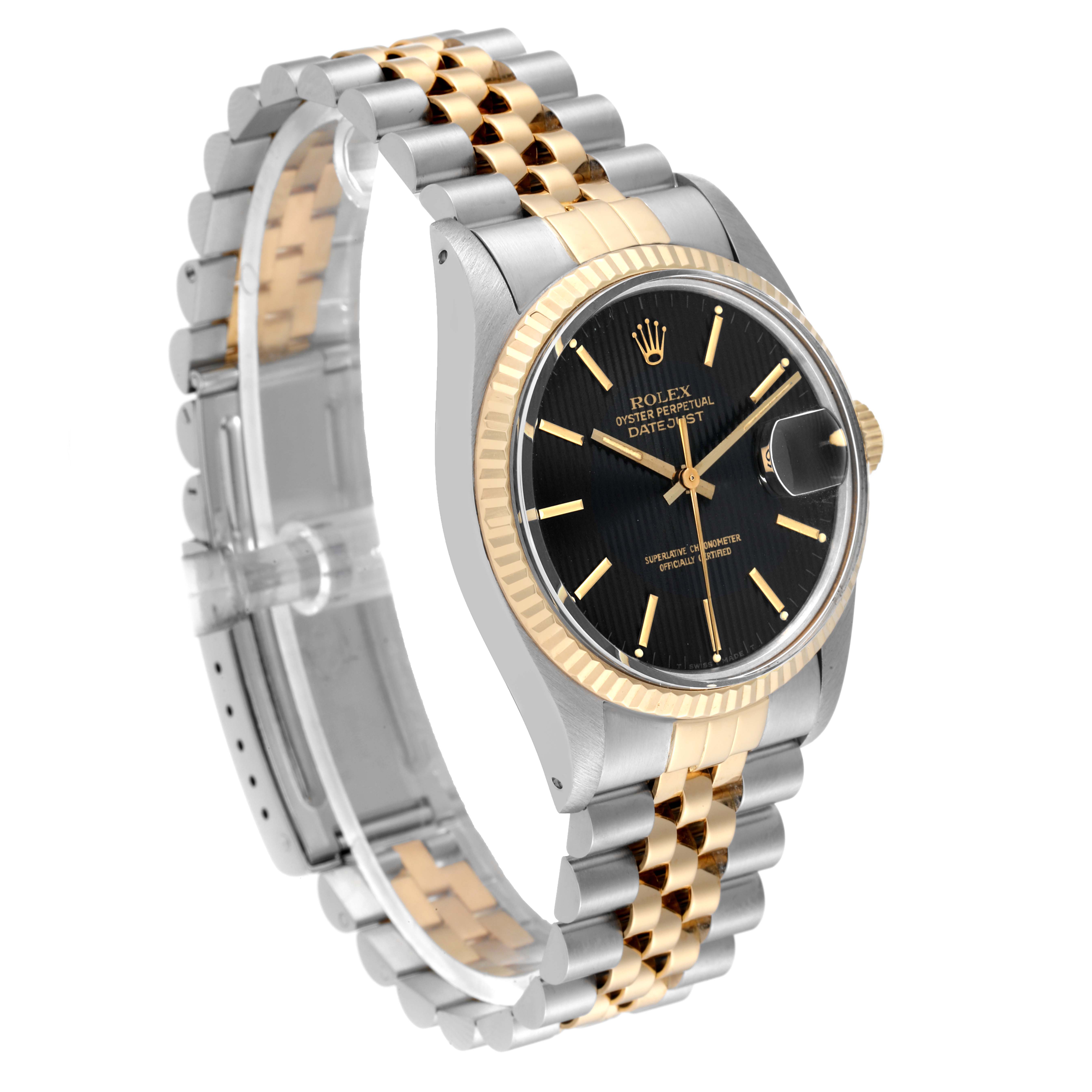 The Rolex Vintage Collection 16013 Men's Steel and Gold (two tone) Black Dial 16013 Men's Steel and Gold (two tone) Black Dial watch is shown at a slight angle, displaying its gold and silver bracelet and black dial with gold markers.