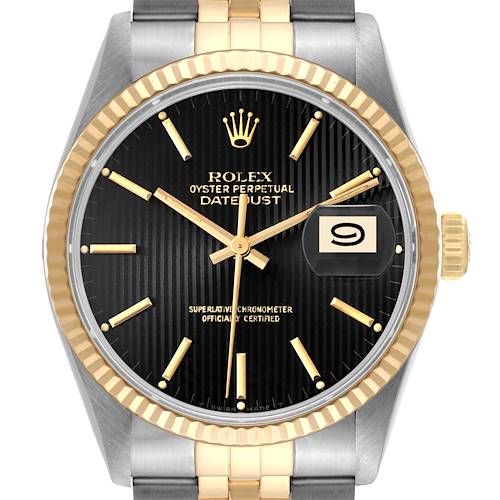 Photo of Rolex Datejust Black Tapestry Dial Steel Yellow Gold Vintage Mens Watch 16013