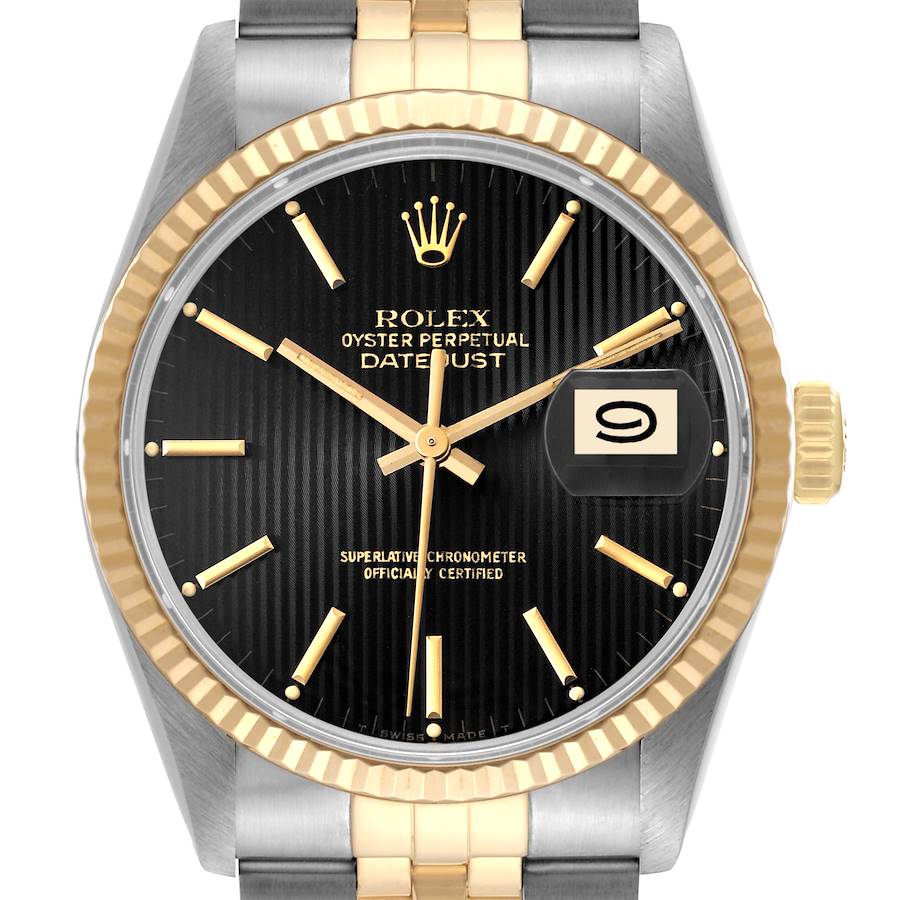 Rolex Datejust Black Tapestry Dial Steel Yellow Gold Vintage Mens Watch 16013 SwissWatchExpo