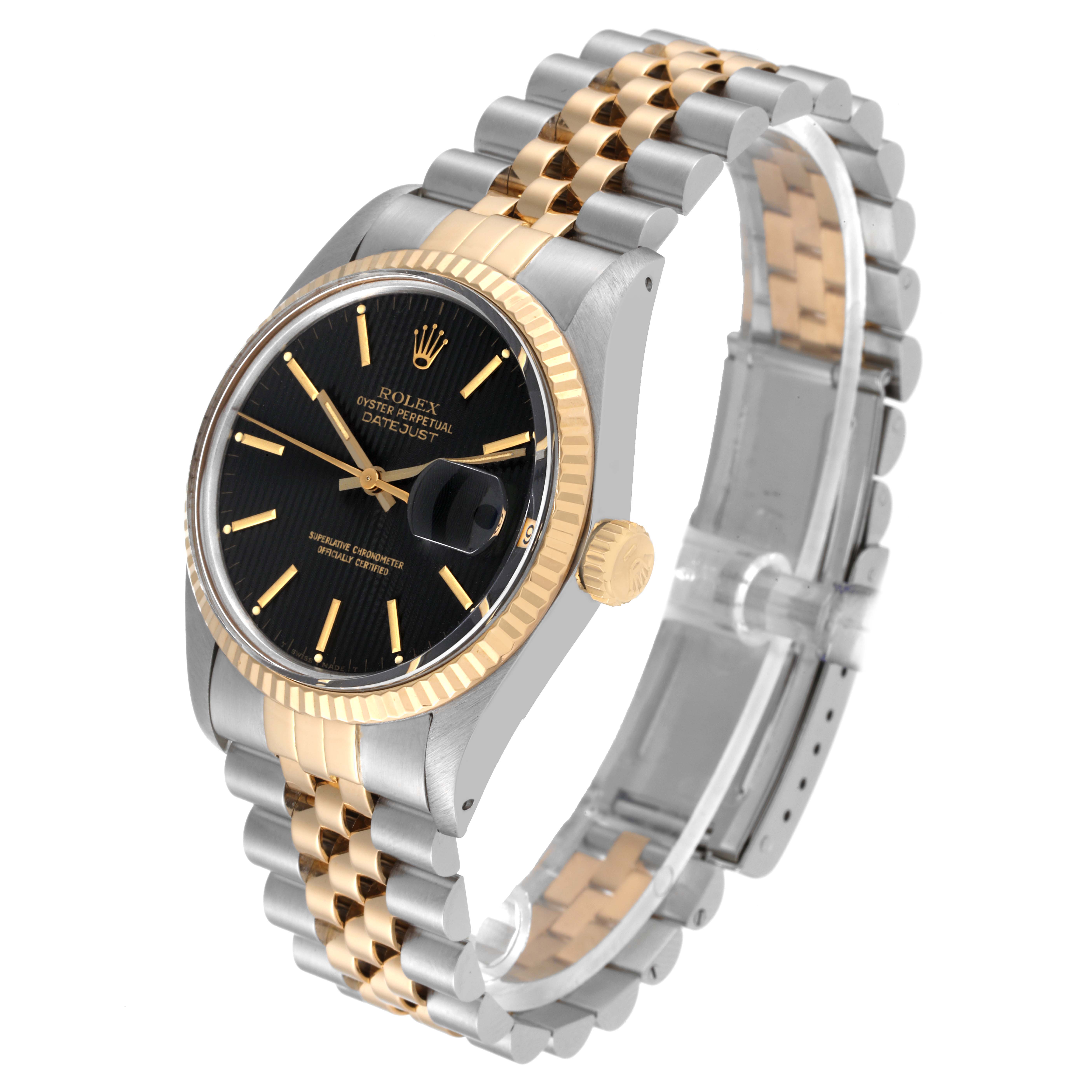 The Rolex Vintage Collection 16013 Men's Steel and Gold (two tone) Black Dial 16013 Men's Steel and Gold (two tone) Black Dial watch is shown at a three-quarter angle, highlighting the dial, case, crown, and bracelet.