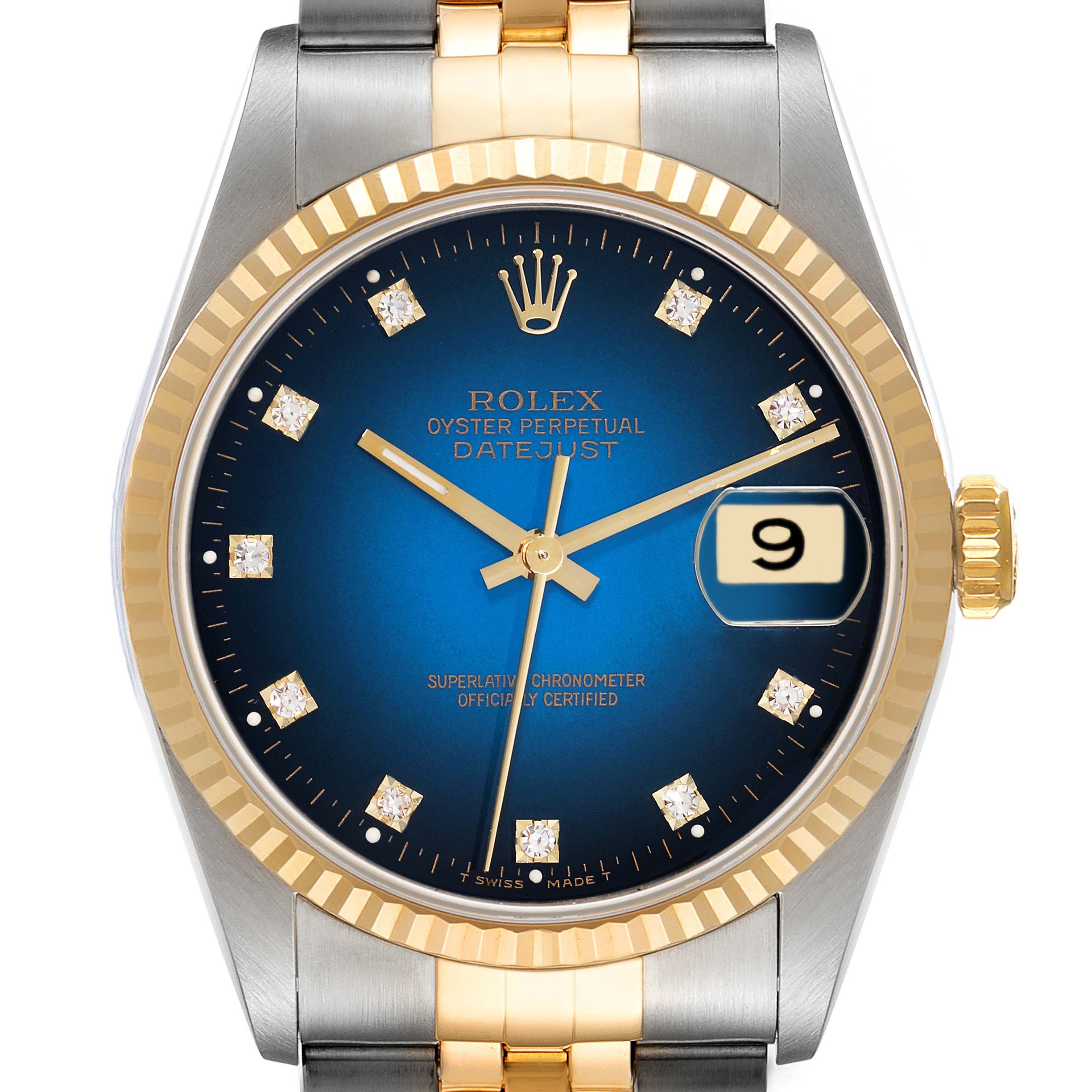 The image shows the Rolex Datejust 16233G Men's Steel and Gold (two tone) Blue Dial 16233G Men's Steel and Gold (two tone) Blue Dial watch from a top view, highlighting its blue dial, date function, and two-tone bracelet.