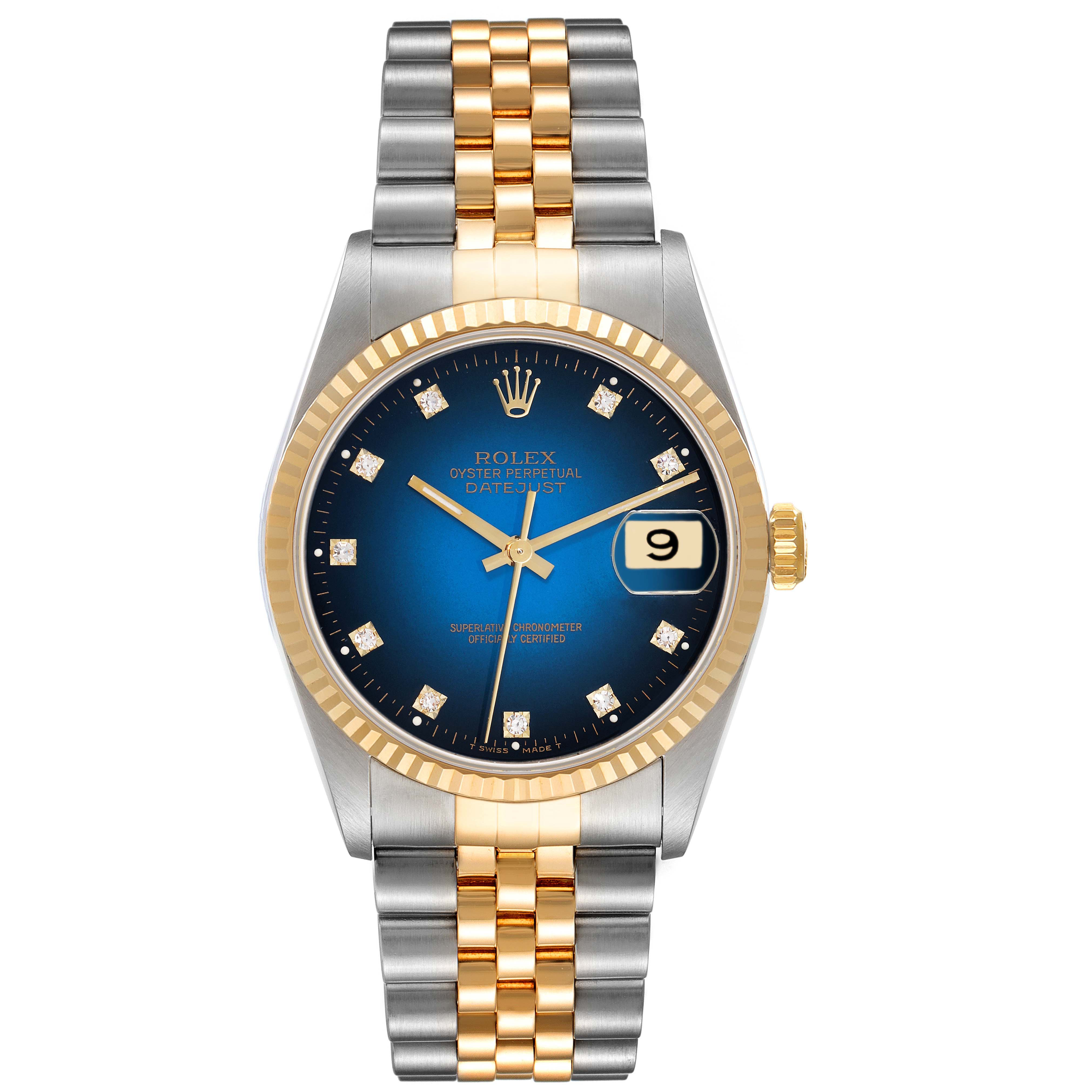 This image shows a Rolex Datejust 16233G Men's Steel and Gold (two tone) Blue Dial 16233G Men's Steel and Gold (two tone) Blue Dial watch from a straight-on angle, featuring a jubilee bracelet, blue dial, and two-tone gold and steel design.