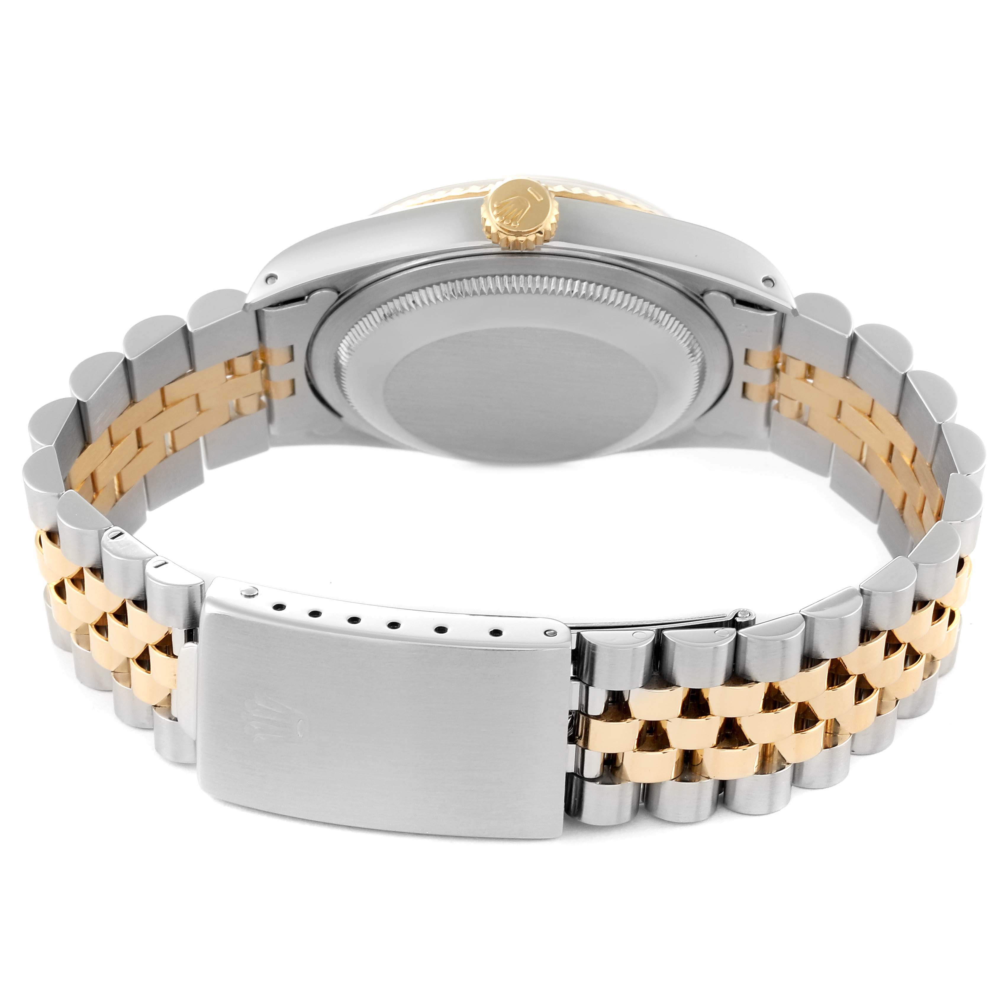 The image shows the back of a Rolex Datejust 16233G Men's Steel and Gold (two tone) Blue Dial 16233G Men's Steel and Gold (two tone) Blue Dial watch, highlighting the bracelet, caseback, and crown.