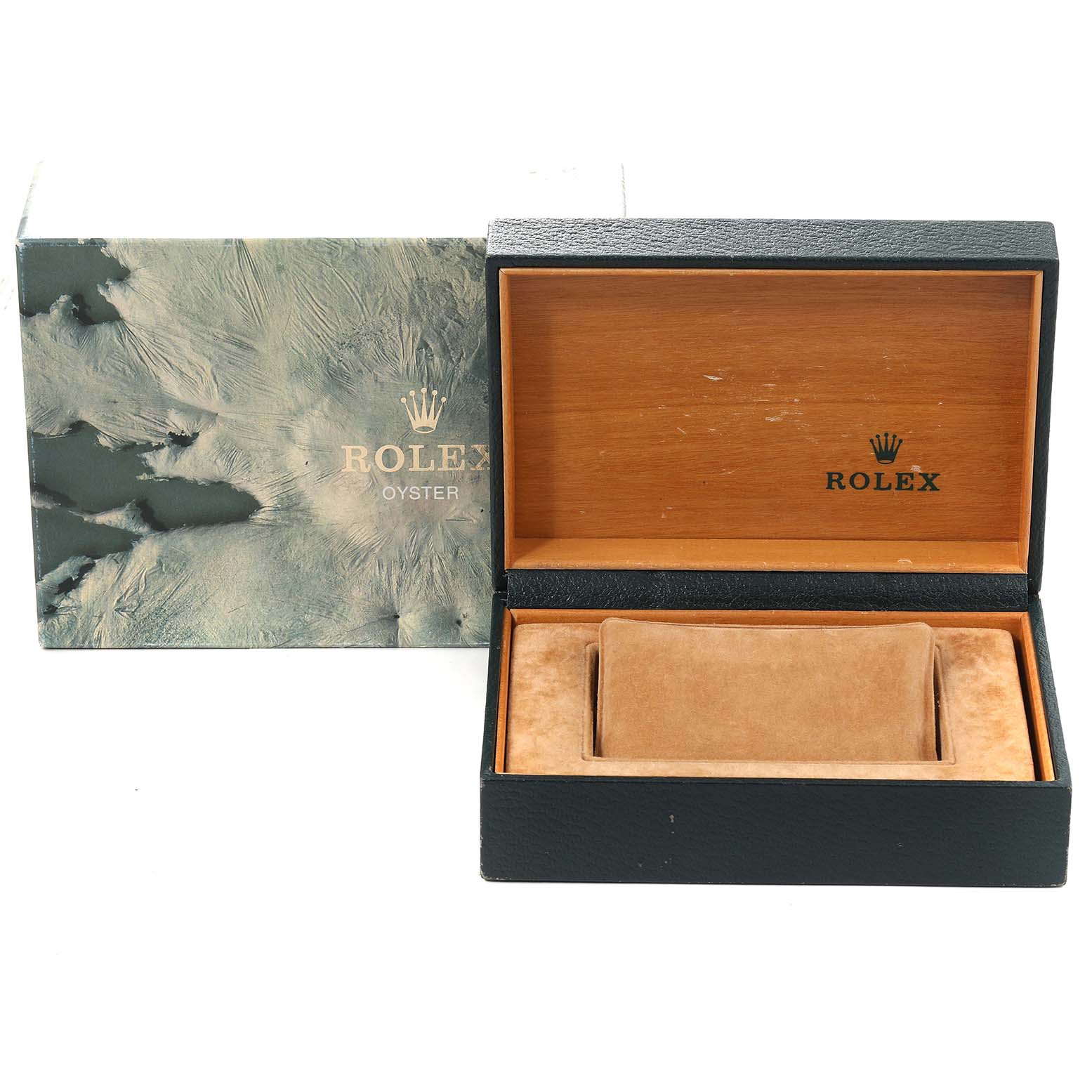 The image shows an open Rolex Datejust 16233G Men's Steel and Gold (two tone) Blue Dial 16233G Men's Steel and Gold (two tone) Blue Dial watch box with its outer and inner packaging.