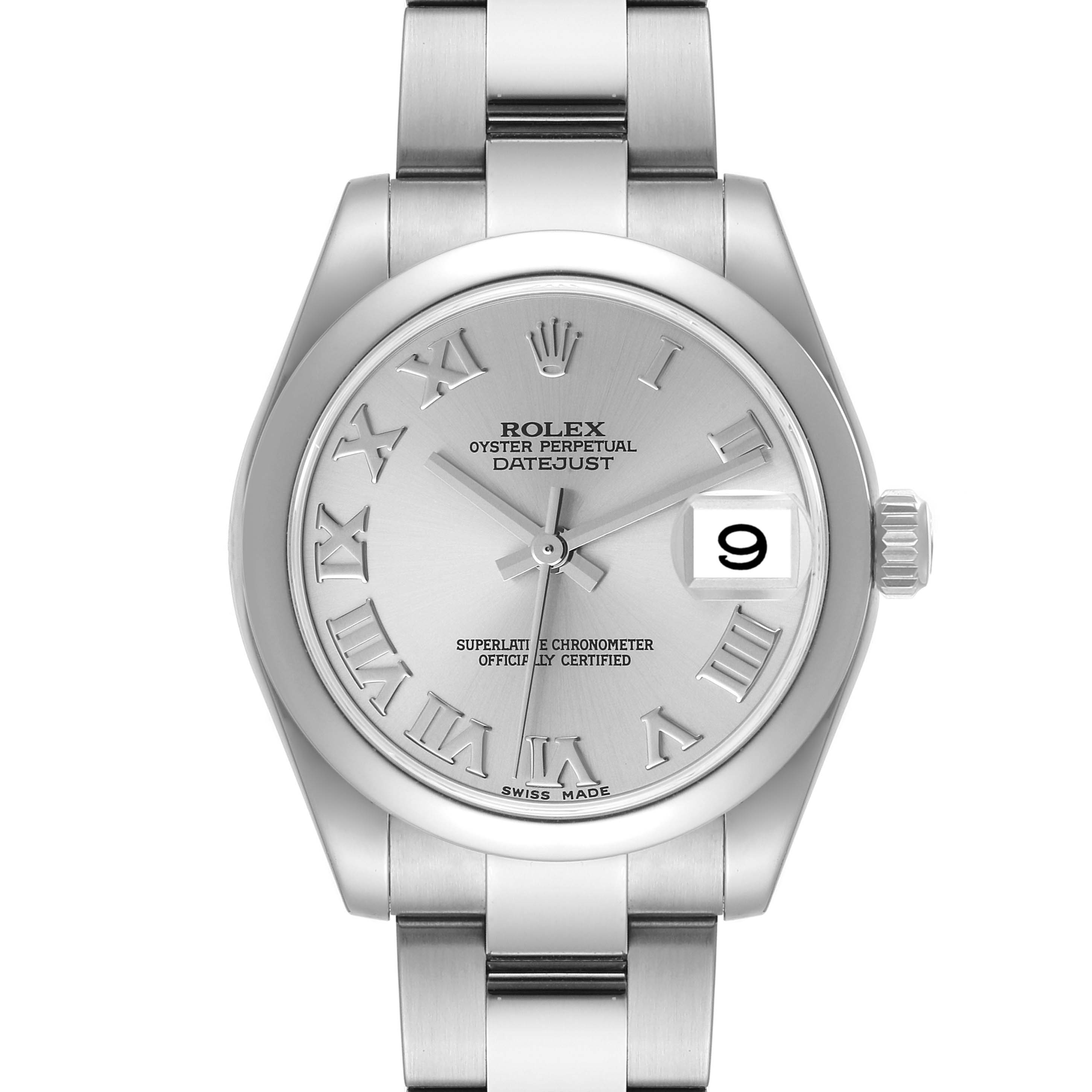 This image shows a front view of the Rolex Oyster Perpetual Datejust Mid-Size watch, highlighting the dial, bezel, and bracelet.