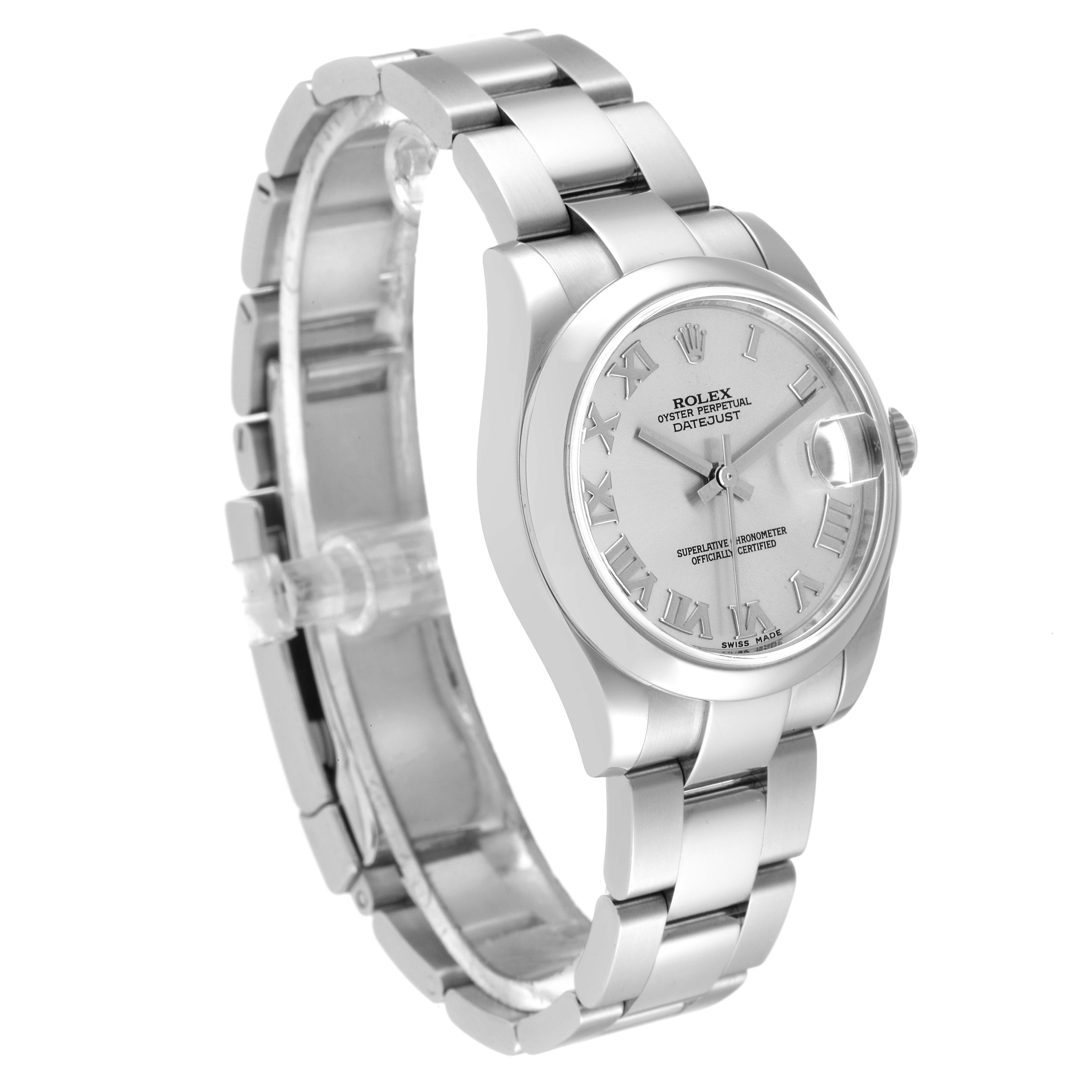 The Rolex Mid-Size 178240 Women's Stainless Steel Silver Dial 178240 Women's Stainless Steel Silver Dial model watch is shown angled slightly from the front, displaying the face, case, and part of the bracelet.