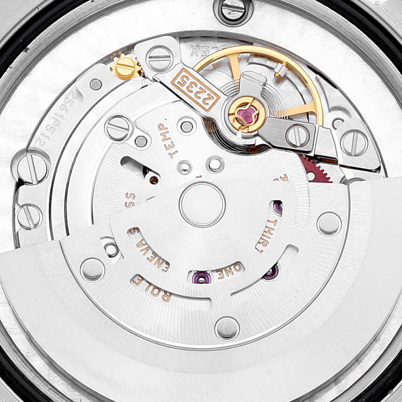 This close-up image shows the intricate inner mechanism and parts of a Mid-Size Rolex watch.