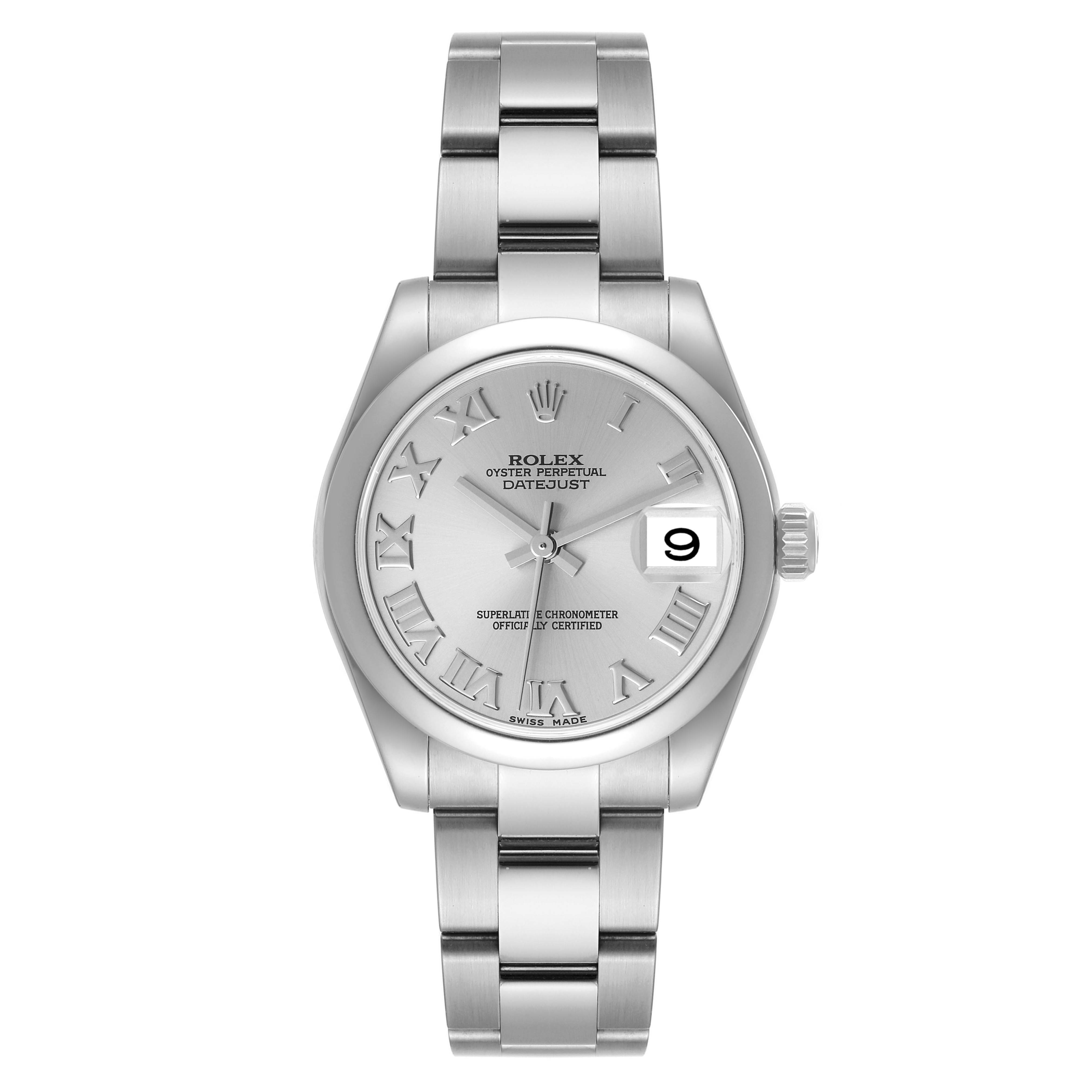 This image shows a front view of a Rolex Datejust Mid-Size watch, featuring the dial, bracelet, and crown.