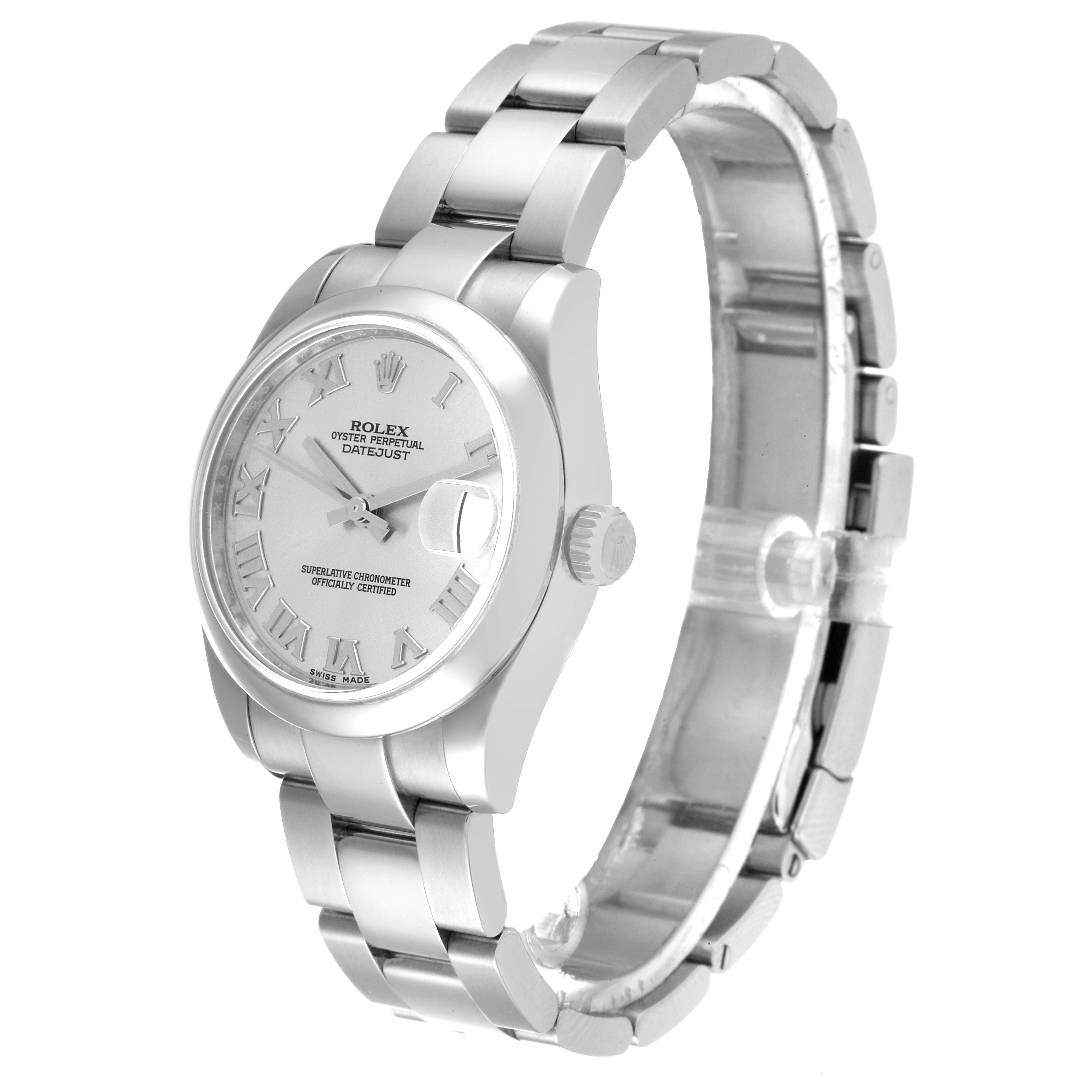 The image shows a side and front angle of a Rolex Mid-Size 178240 Women's Stainless Steel Silver Dial 178240 Women's Stainless Steel Silver Dial Oyster Perpetual Datejust watch, highlighting its face, bezel, and bracelet.