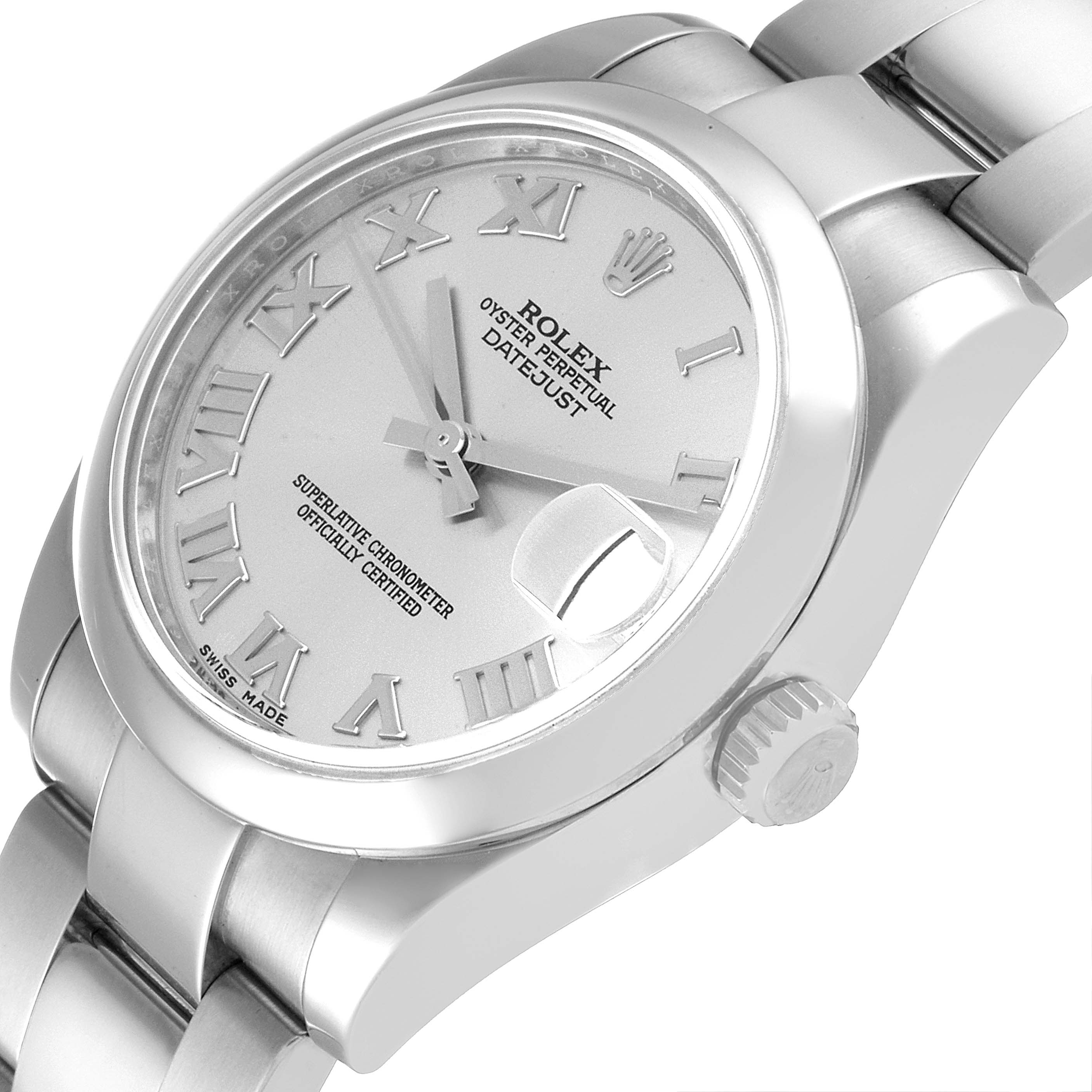 This Rolex Datejust Mid-Size watch is shown from an oblique angle, displaying the dial, bracelet, crown, and bezel.