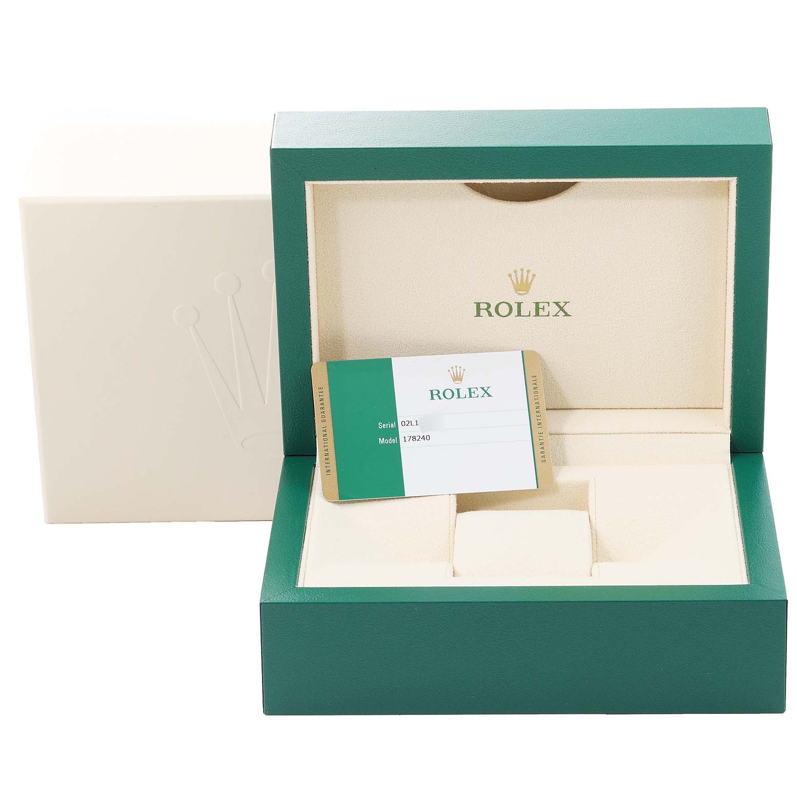 The image shows an open box and authenticity card for a Rolex Mid-Size 178240 Women's Stainless Steel Silver Dial 178240 Women's Stainless Steel Silver Dial model 179240 watch.