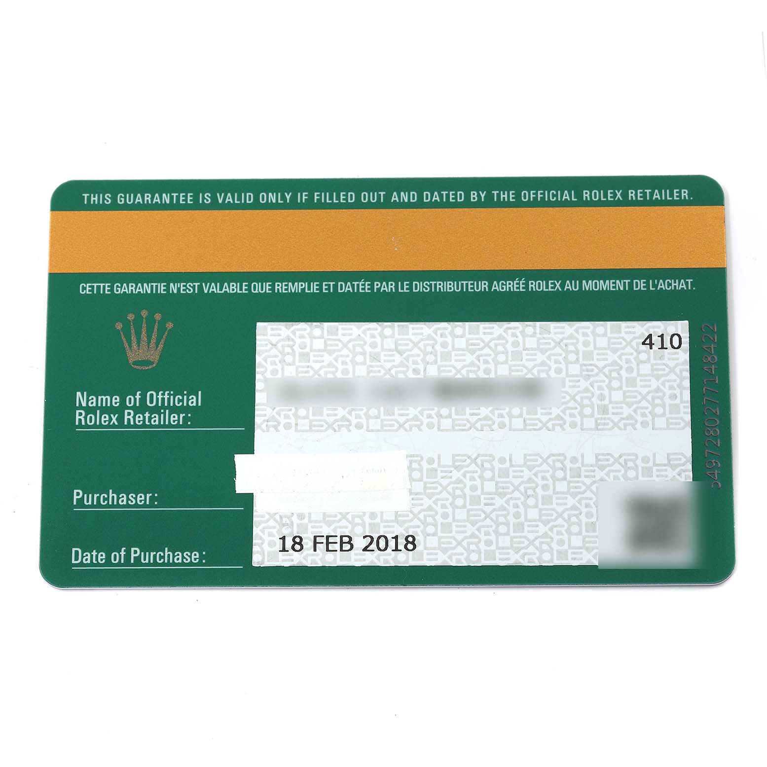 This image shows the guarantee card for a Mid-Size Rolex model, including purchase details and official retailer information.