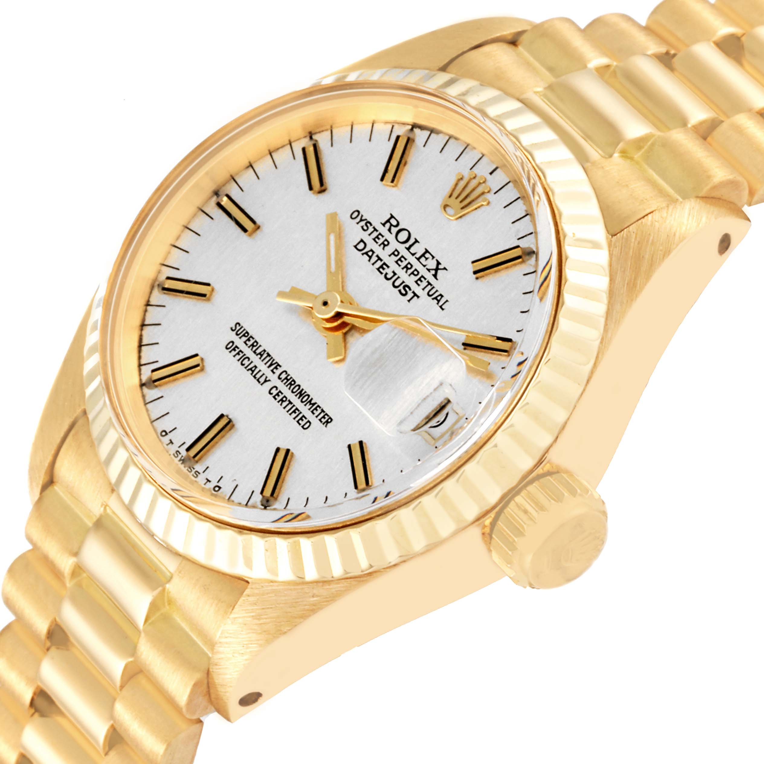 The image shows a Rolex President 6917 Women's Yellow Gold Silver Dial 6917 Women's Yellow Gold Silver Dial Datejust watch viewed at an angle highlighting its dial, crown, and part of its band.