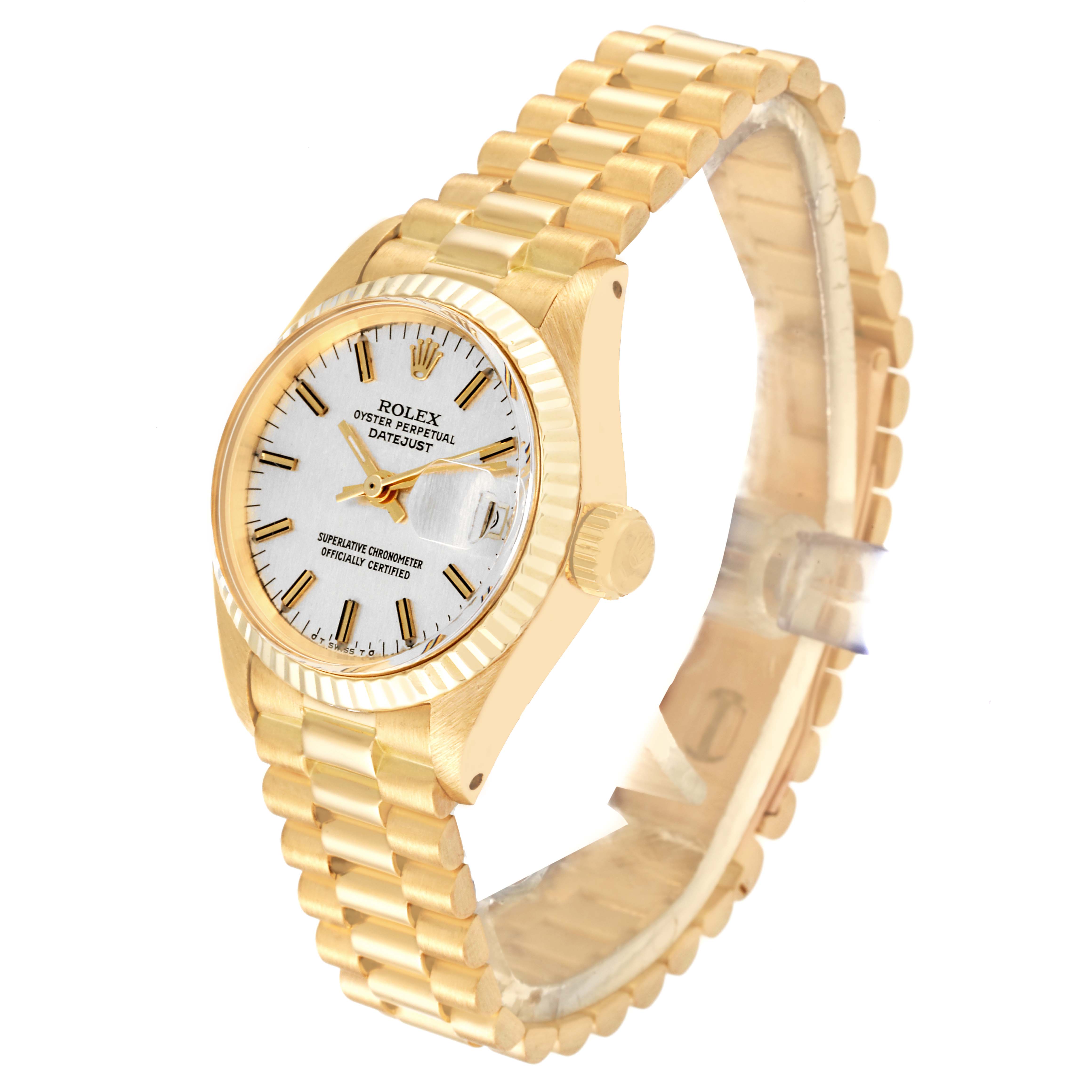 The image shows a Rolex President 6917 Women's Yellow Gold Silver Dial 6917 Women's Yellow Gold Silver Dial model watch at a three-quarter angle, featuring its gold bracelet and white dial.