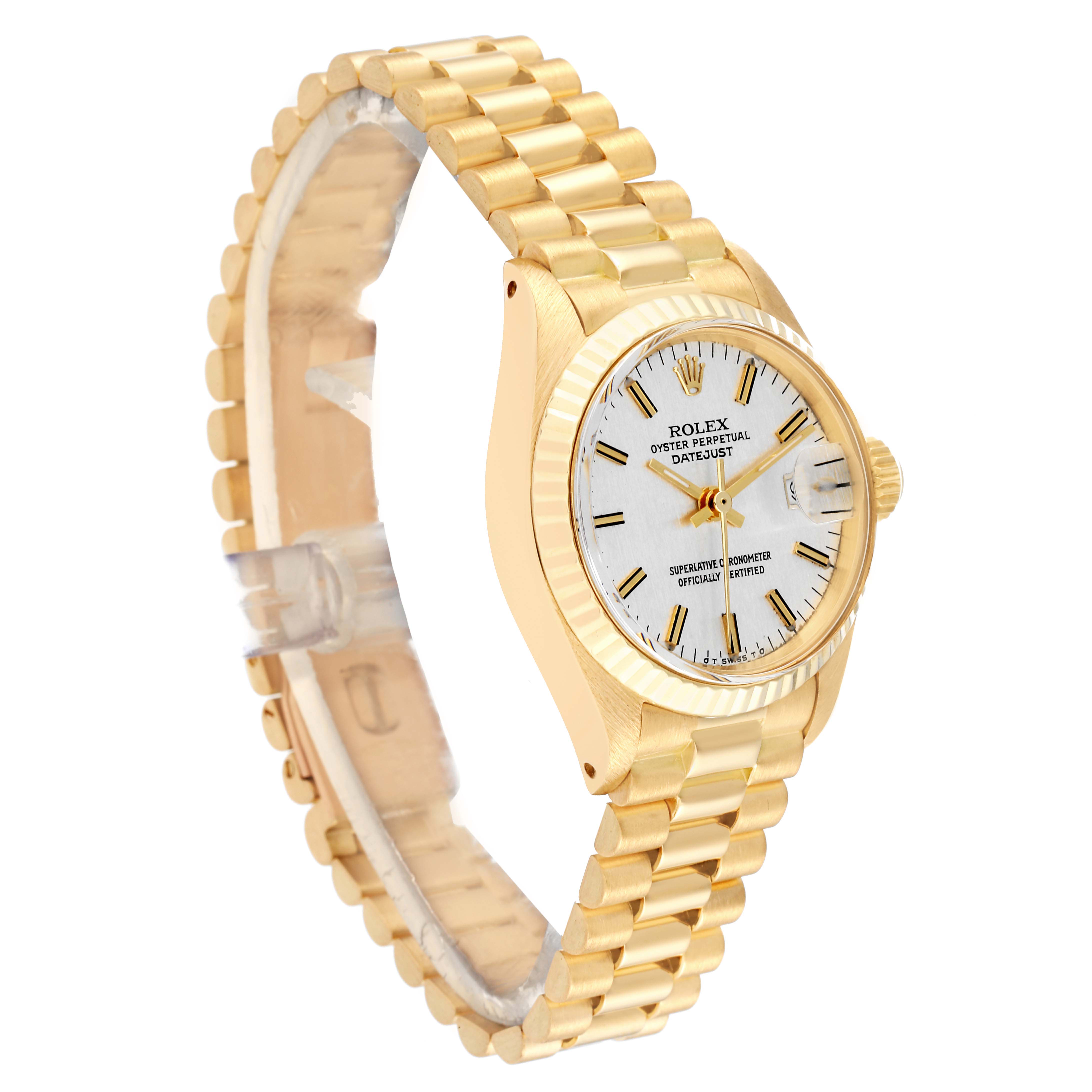 The image shows a side angle of the Rolex President 6917 Women's Yellow Gold Silver Dial 6917 Women's Yellow Gold Silver Dial model watch, highlighting its gold bracelet, face, and crown.