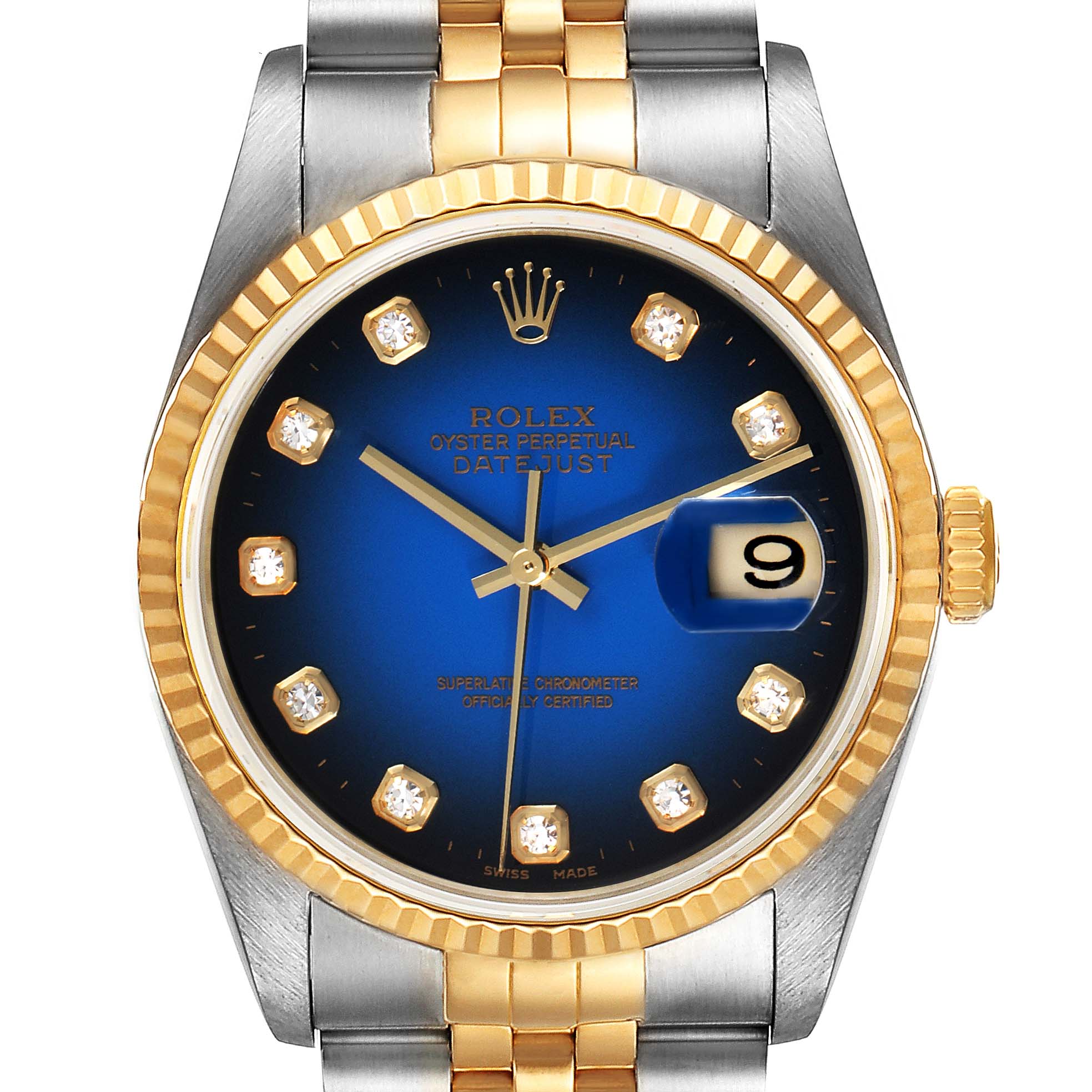 The image shows a Rolex Datejust 16233 Men's Steel and Gold (two tone) Blue Dial 16233 Men's Steel and Gold (two tone) Blue Dial watch from a front angle, highlighting its blue dial, gold bezel, and two-tone bracelet.