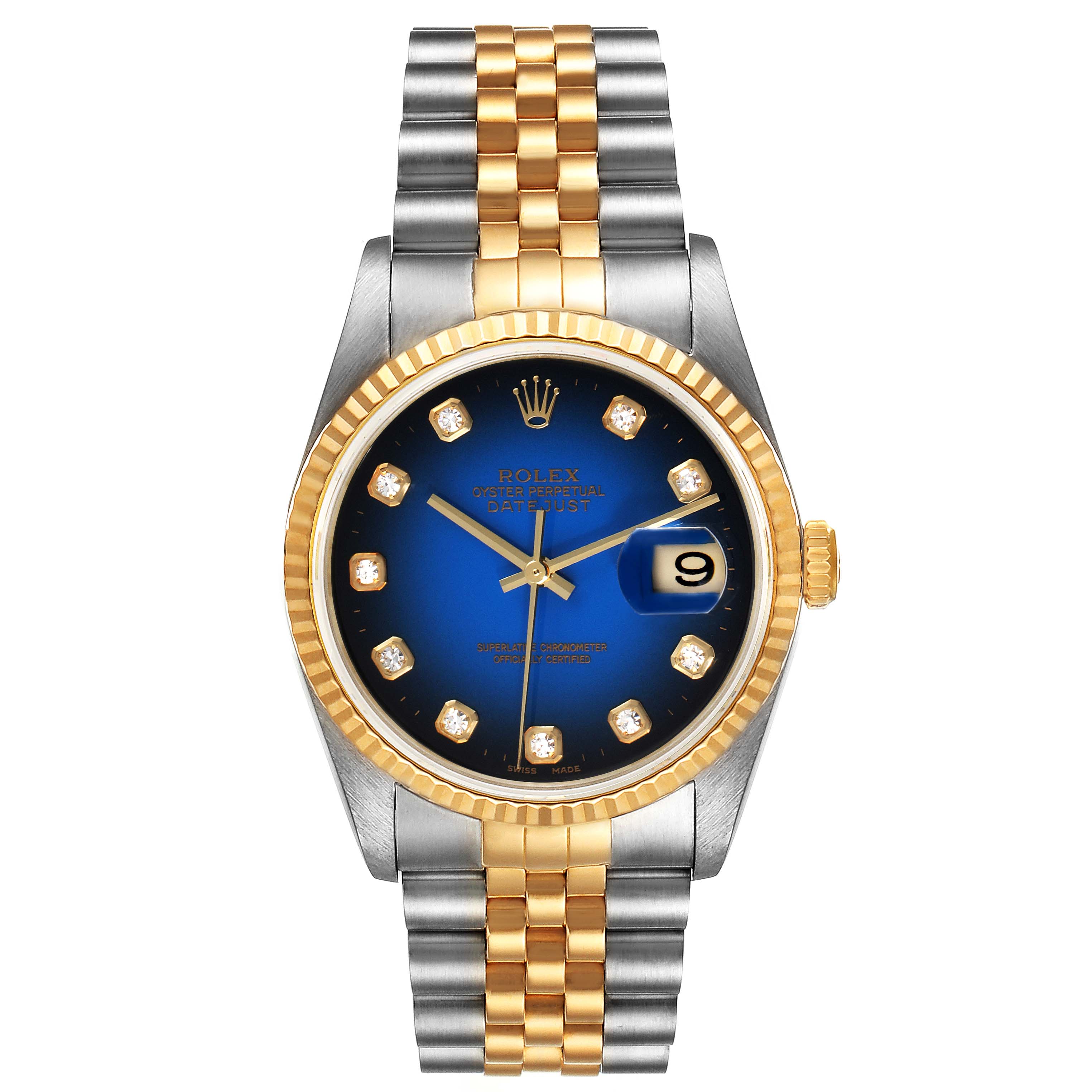 The image shows a front view of a Rolex Datejust 16233 Men's Steel and Gold (two tone) Blue Dial 16233 Men's Steel and Gold (two tone) Blue Dial watch featuring a blue dial, diamond hour markers, and a two-tone metal bracelet.