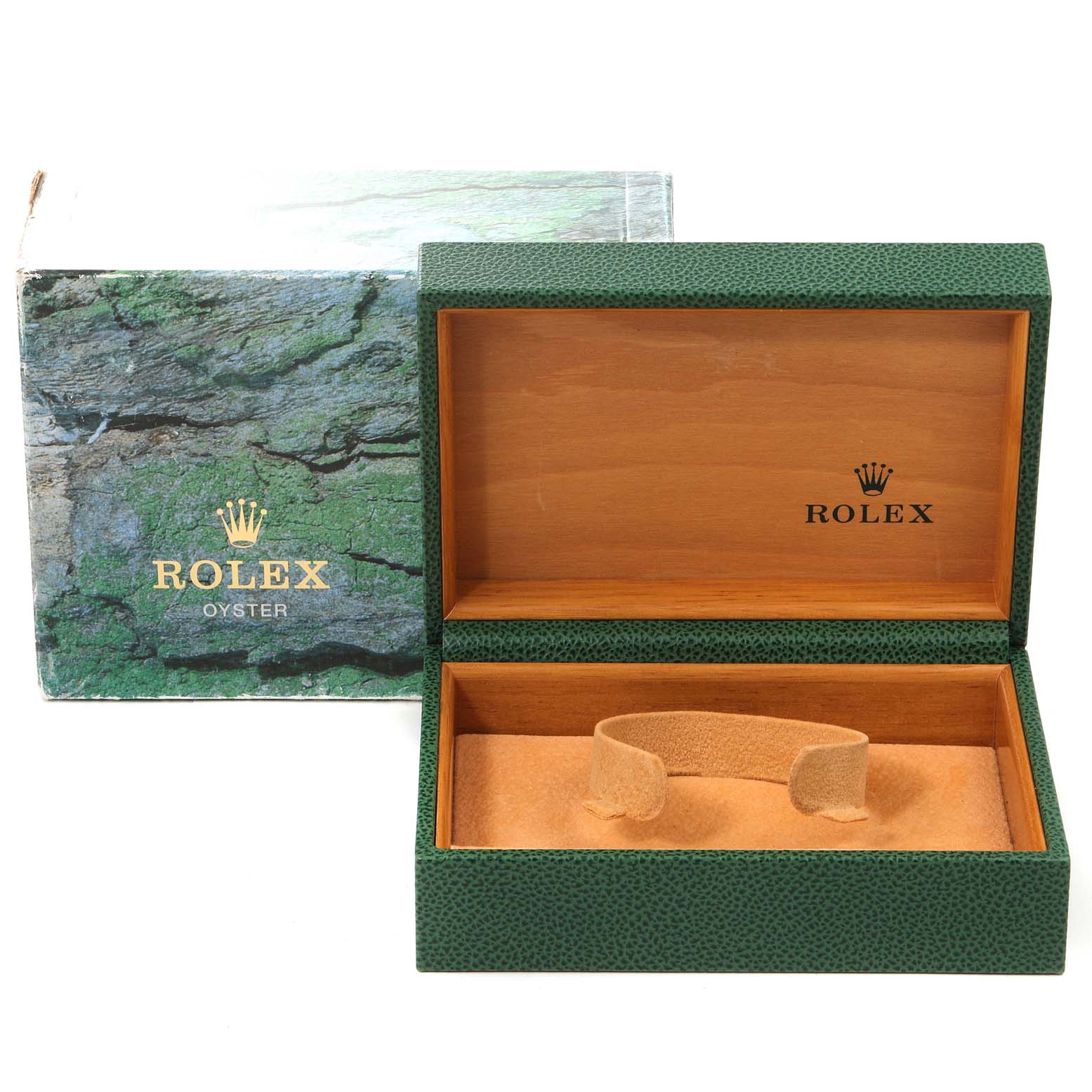 The image shows an open green Rolex watch box with a velvet cushion inside, used for the Rolex Datejust 16233 Men's Steel and Gold (two tone) Blue Dial 16233 Men's Steel and Gold (two tone) Blue Dial model.