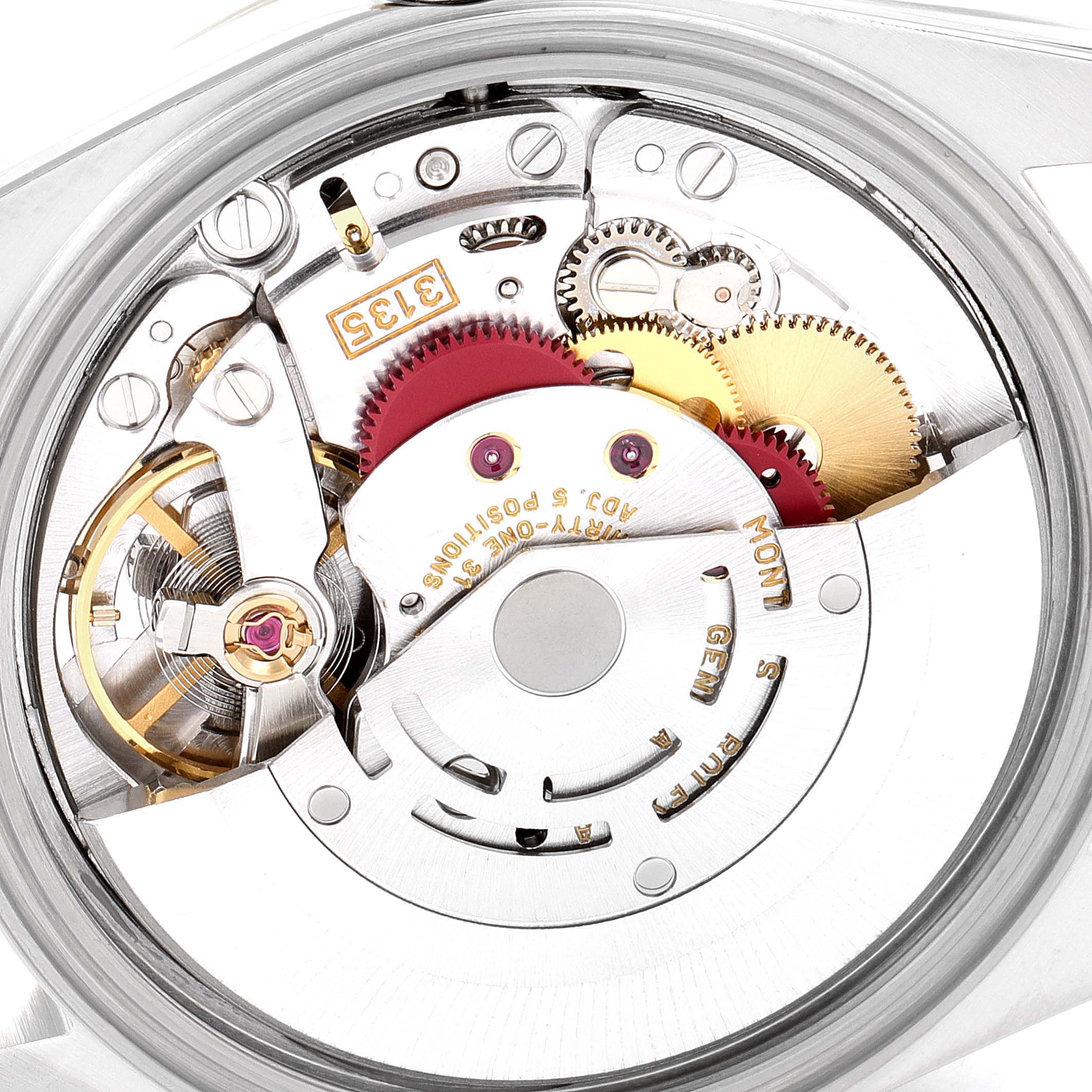 This close-up image shows the intricate movement mechanism inside a Rolex Datejust 16233 Men's Steel and Gold (two tone) Blue Dial 16233 Men's Steel and Gold (two tone) Blue Dial watch.