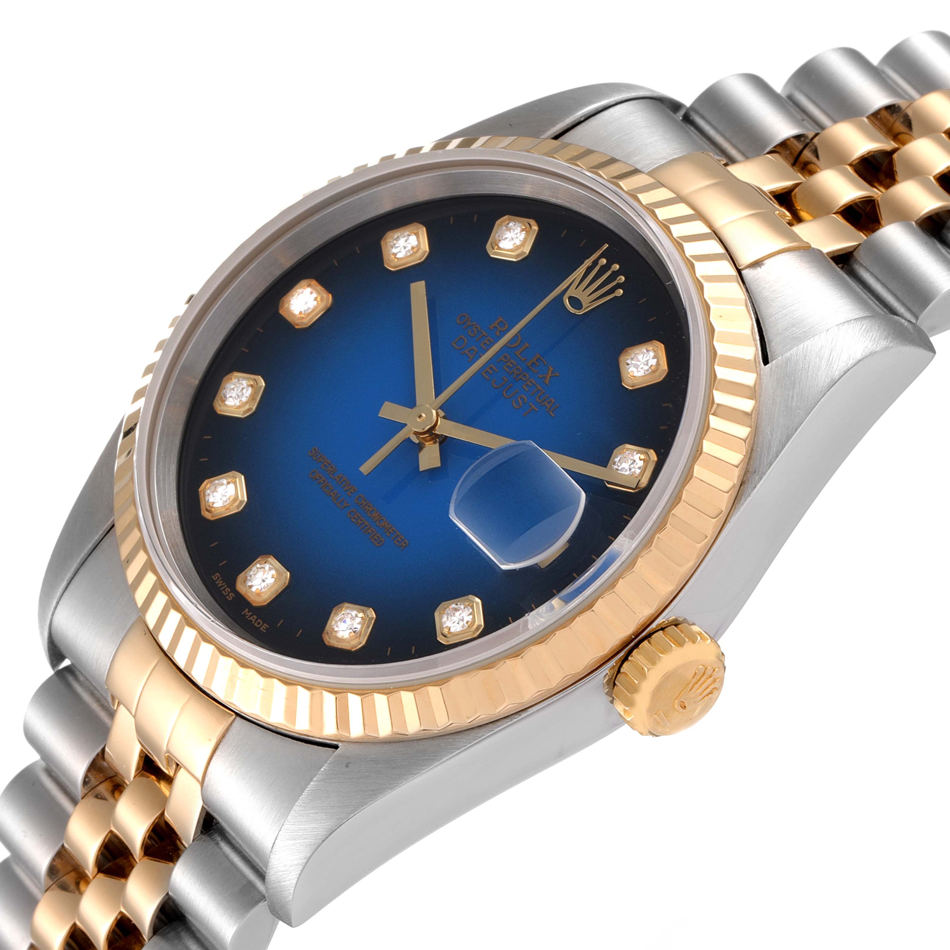 This image shows a close-up angle of a Rolex Datejust 16233 Men's Steel and Gold (two tone) Blue Dial 16233 Men's Steel and Gold (two tone) Blue Dial watch, featuring the face, bezel, crown, and part of the bracelet.