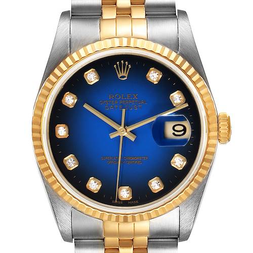 This image shows a Rolex Datejust watch from the front, highlighting the face, bezel, crown, and part of the bracelet.