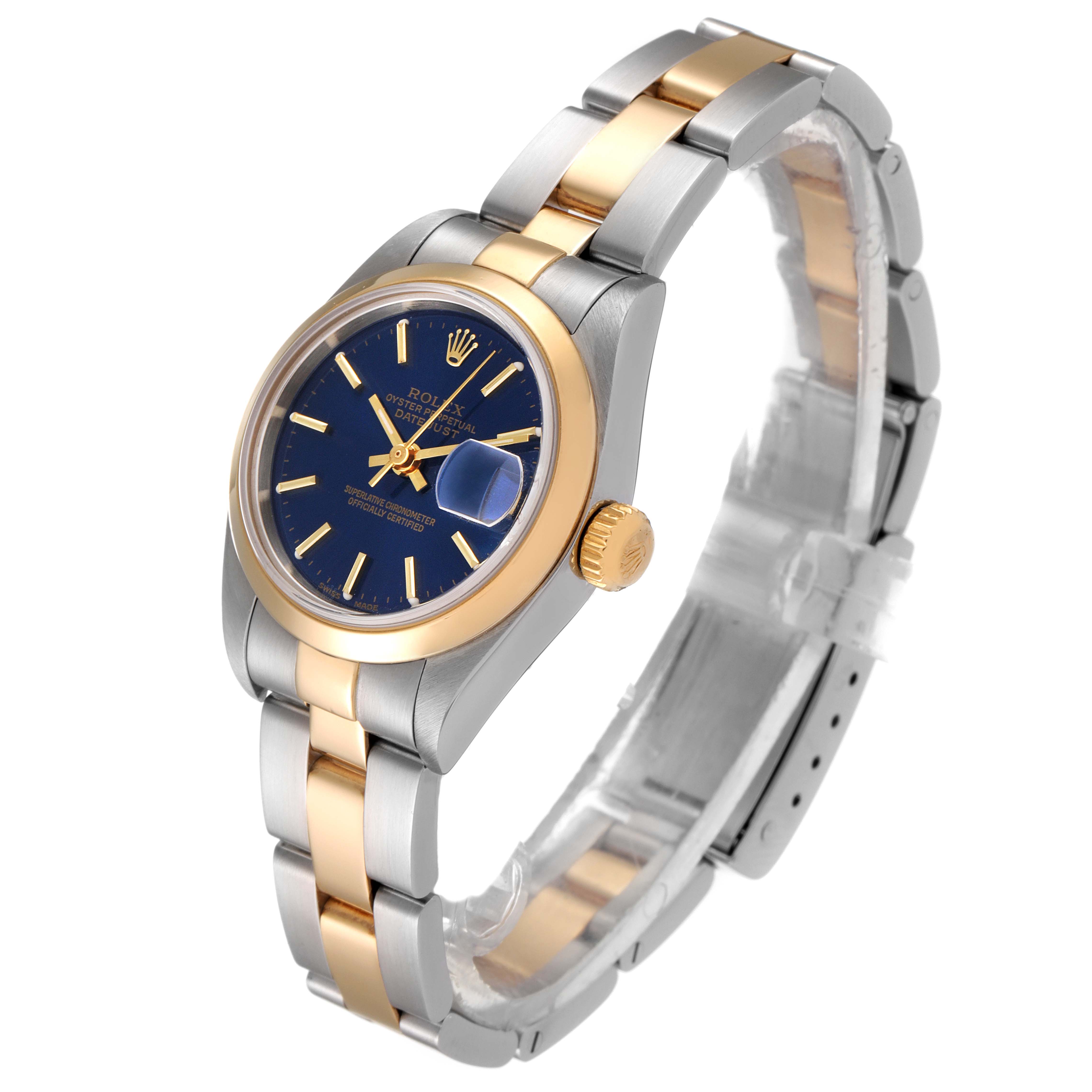 The image shows a Rolex Datejust 79163 Women's Steel and Gold (two tone) Blue Dial 79163 Women's Steel and Gold (two tone) Blue Dial watch at a three-quarter angle, highlighting the face, bezel, crown, and bracelet.