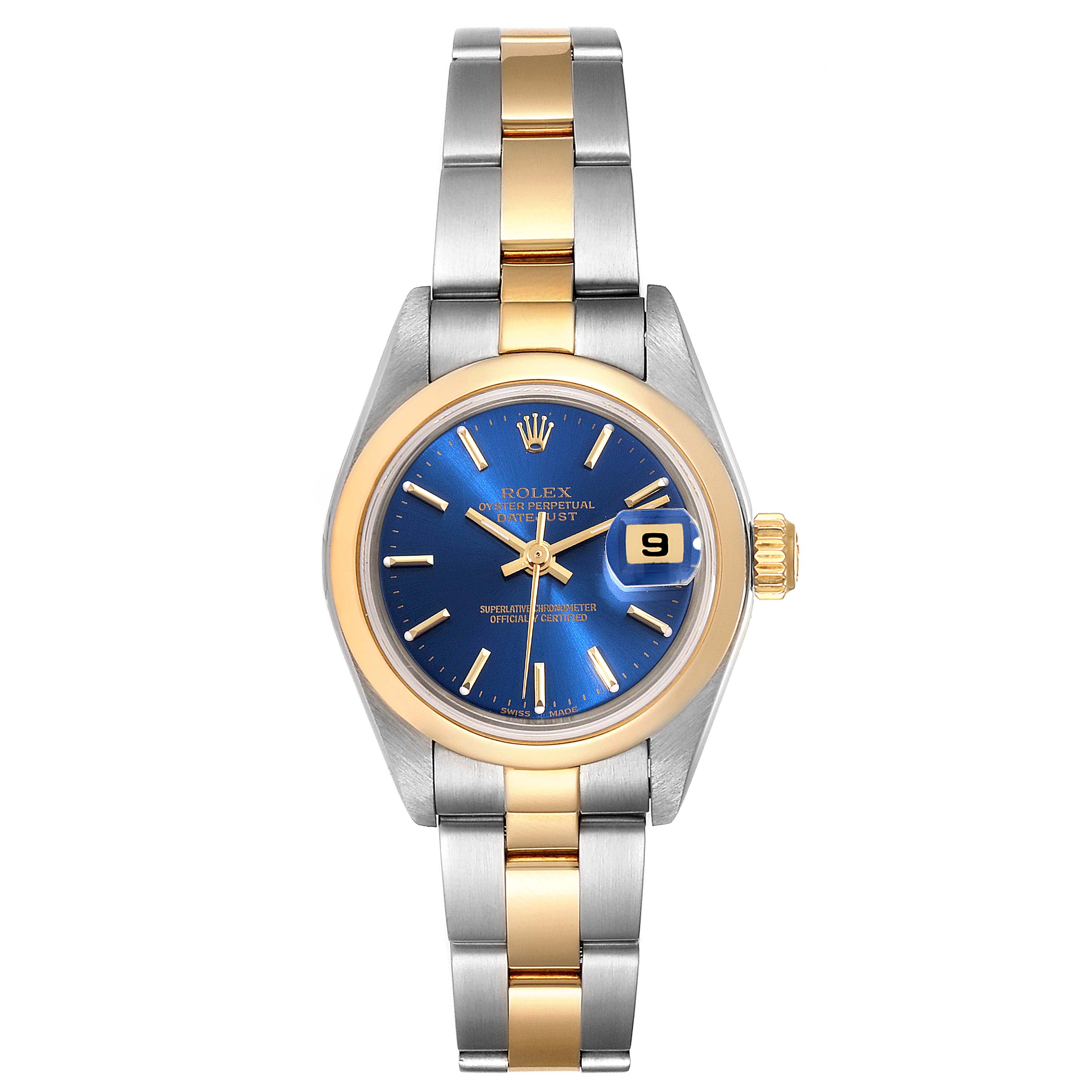 The Rolex Datejust 79163 Women's Steel and Gold (two tone) Blue Dial 79163 Women's Steel and Gold (two tone) Blue Dial watch is shown from a top-down angle, displaying the dial, bezel, and bracelet.
