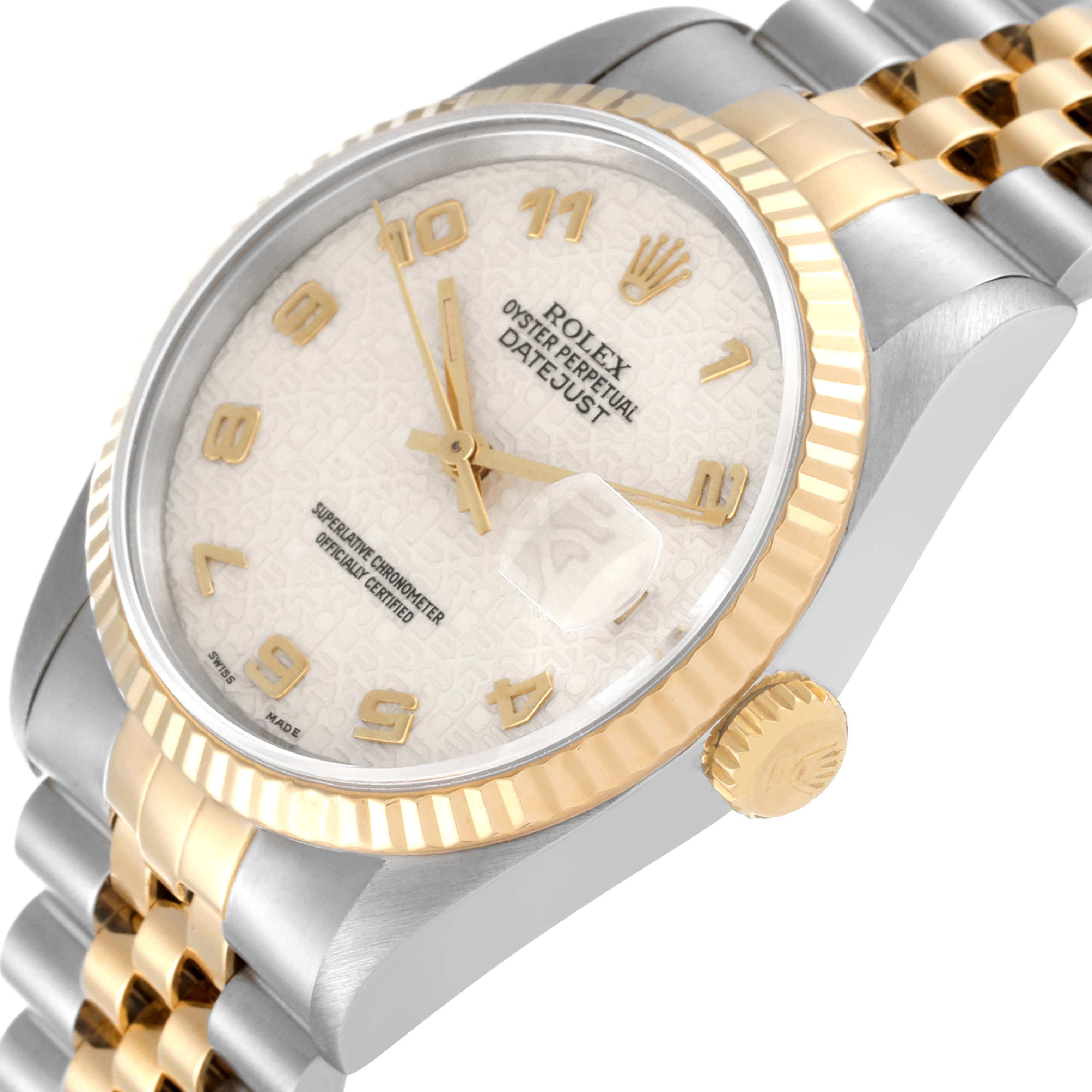 This image shows a close-up of the Rolex Datejust 16233 Men's Steel and Gold (two tone) Beige Dial 16233 Men's Steel and Gold (two tone) Beige Dial watch, featuring the dial, bezel, crown, and part of the bracelet at an angled view.