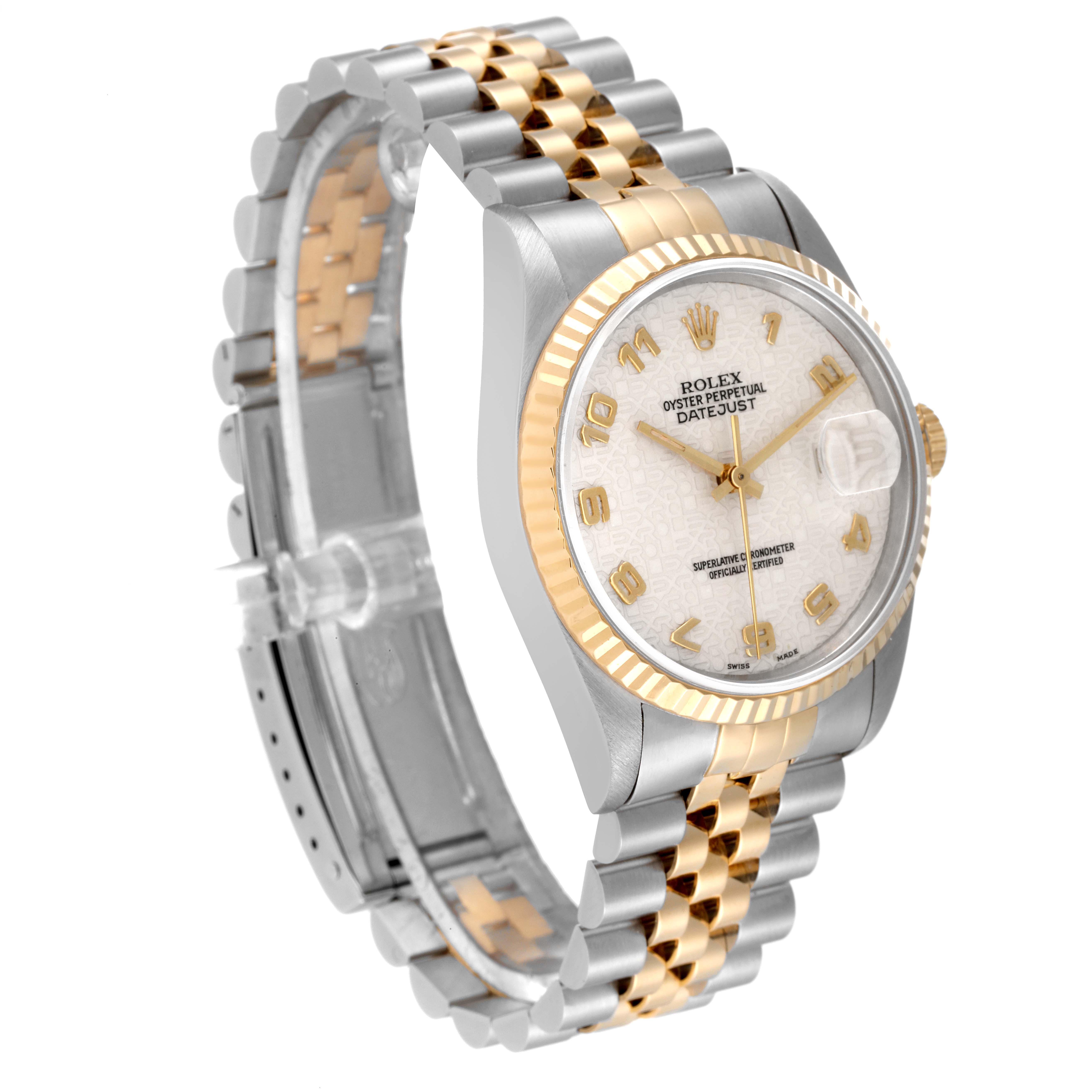The image shows a Rolex Datejust 16233 Men's Steel and Gold (two tone) Beige Dial 16233 Men's Steel and Gold (two tone) Beige Dial watch at a three-quarter angle, highlighting its dial, bezel, and two-tone bracelet.