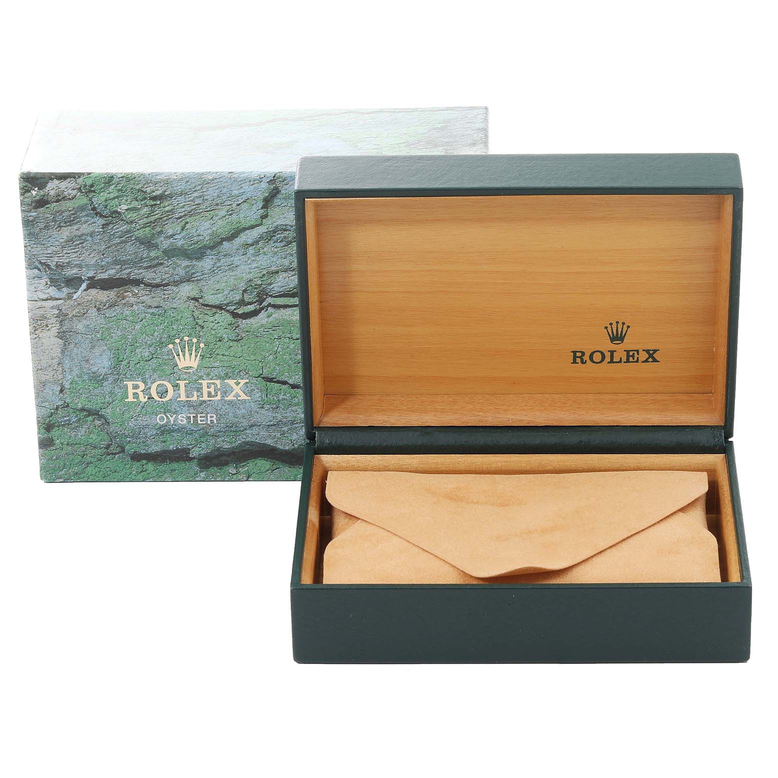 This image shows an opened Rolex Datejust 16233 Men's Steel and Gold (two tone) Beige Dial 16233 Men's Steel and Gold (two tone) Beige Dial watch box and an exterior green Rolex packaging box.