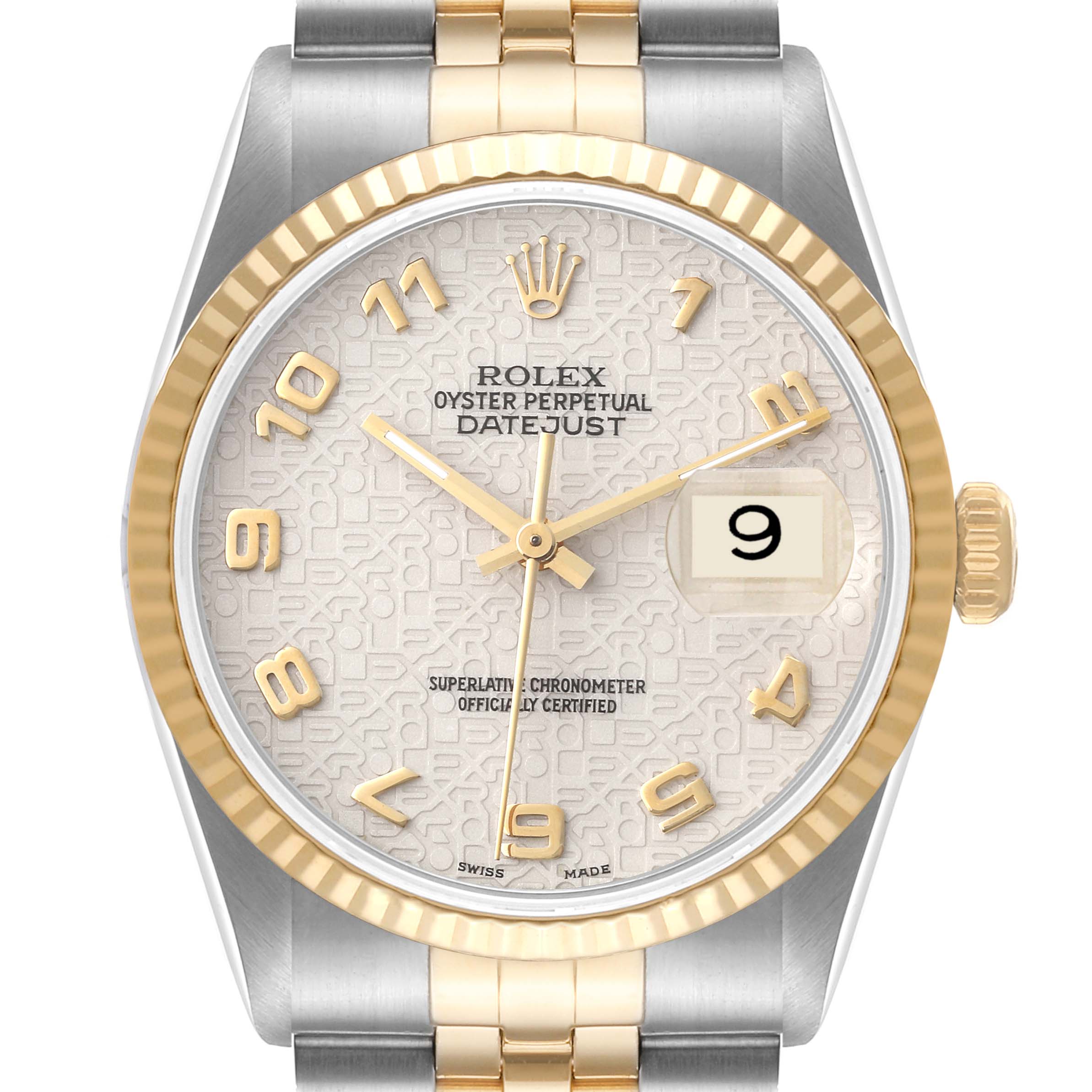 This image shows a frontal view of a Rolex Datejust 16233 Men's Steel and Gold (two tone) Beige Dial 16233 Men's Steel and Gold (two tone) Beige Dial watch, highlighting the dial, bezel, hands, date, and part of the bracelet.