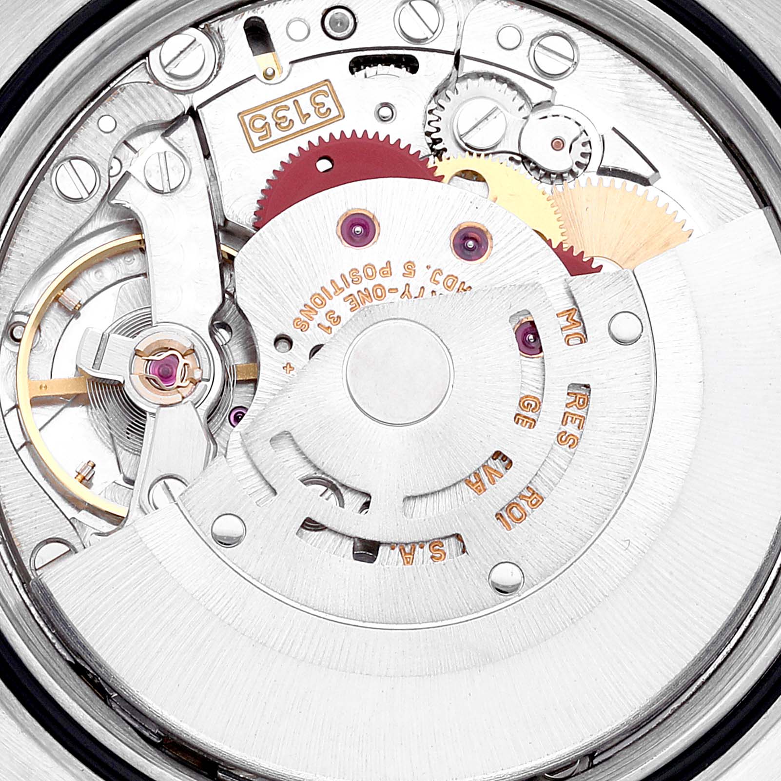 This is a close-up of the movement mechanism inside a Rolex Datejust 16233 Men's Steel and Gold (two tone) Beige Dial 16233 Men's Steel and Gold (two tone) Beige Dial watch, showing gears, screws, and intricate details.