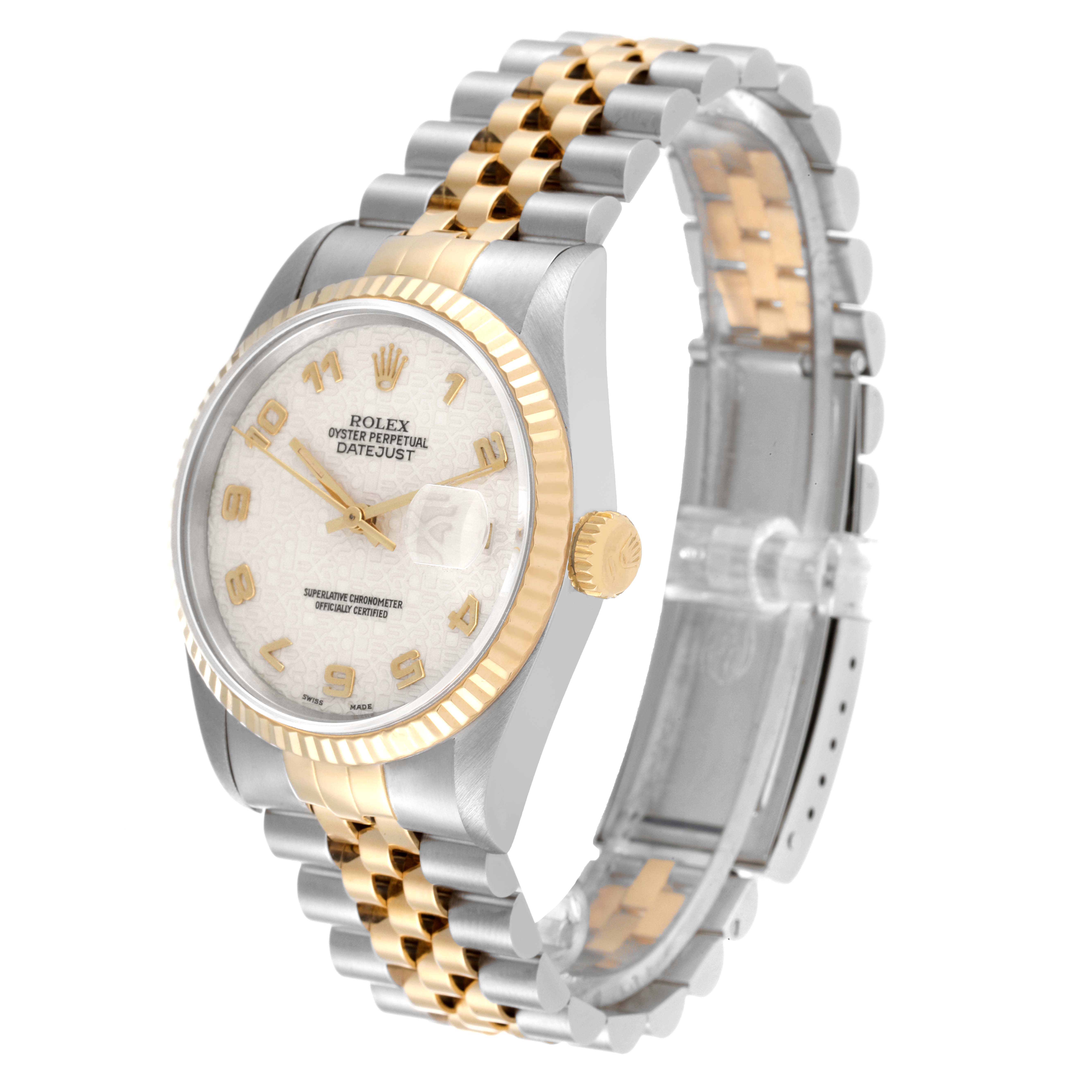 The image shows a Rolex Datejust 16233 Men's Steel and Gold (two tone) Beige Dial 16233 Men's Steel and Gold (two tone) Beige Dial watch at a three-quarter angle, highlighting its two-tone bracelet, dial, and fluted bezel.