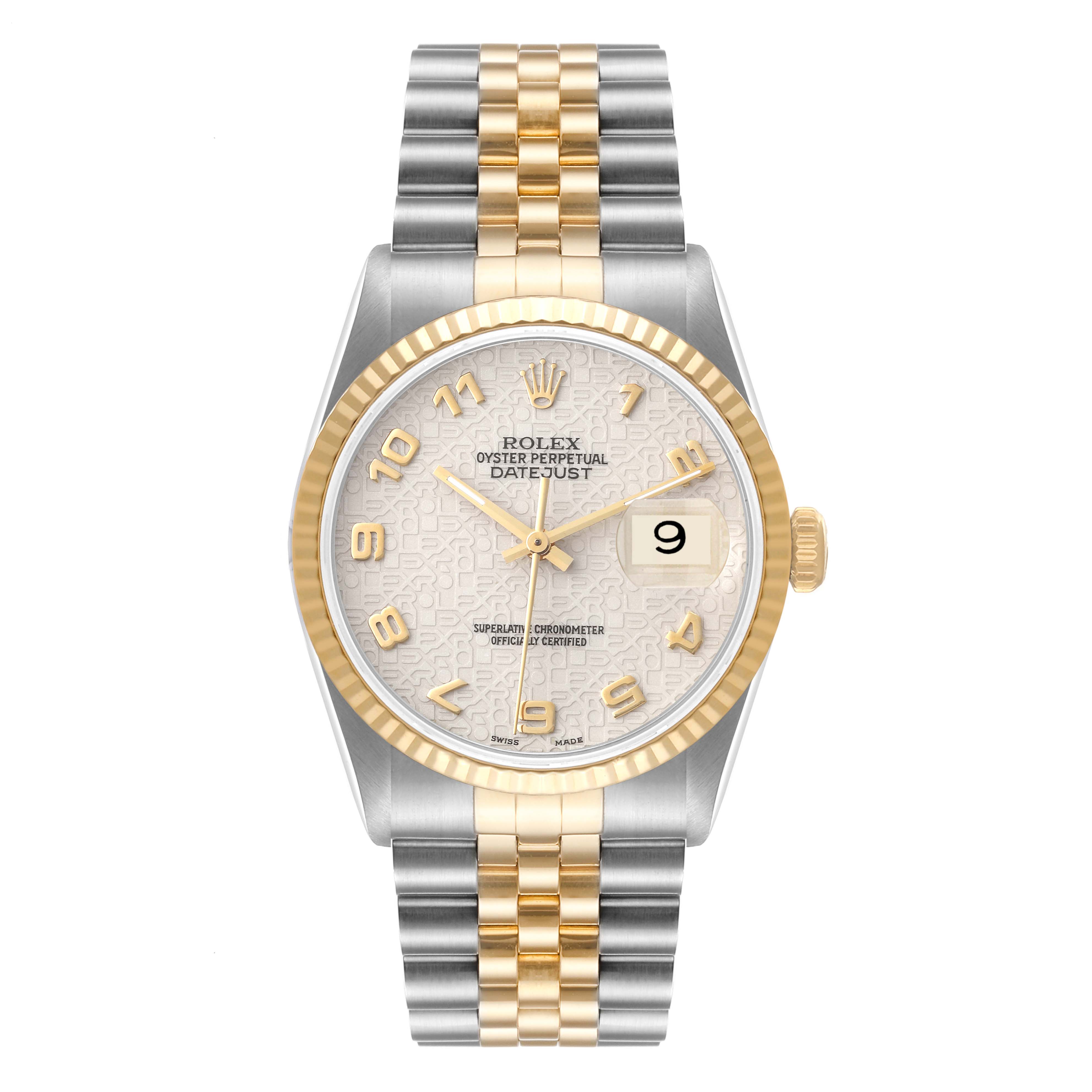 The image shows a Rolex Datejust 16233 Men's Steel and Gold (two tone) Beige Dial 16233 Men's Steel and Gold (two tone) Beige Dial watch from a front angle, highlighting its face, bezel, and dual-tone bracelet.