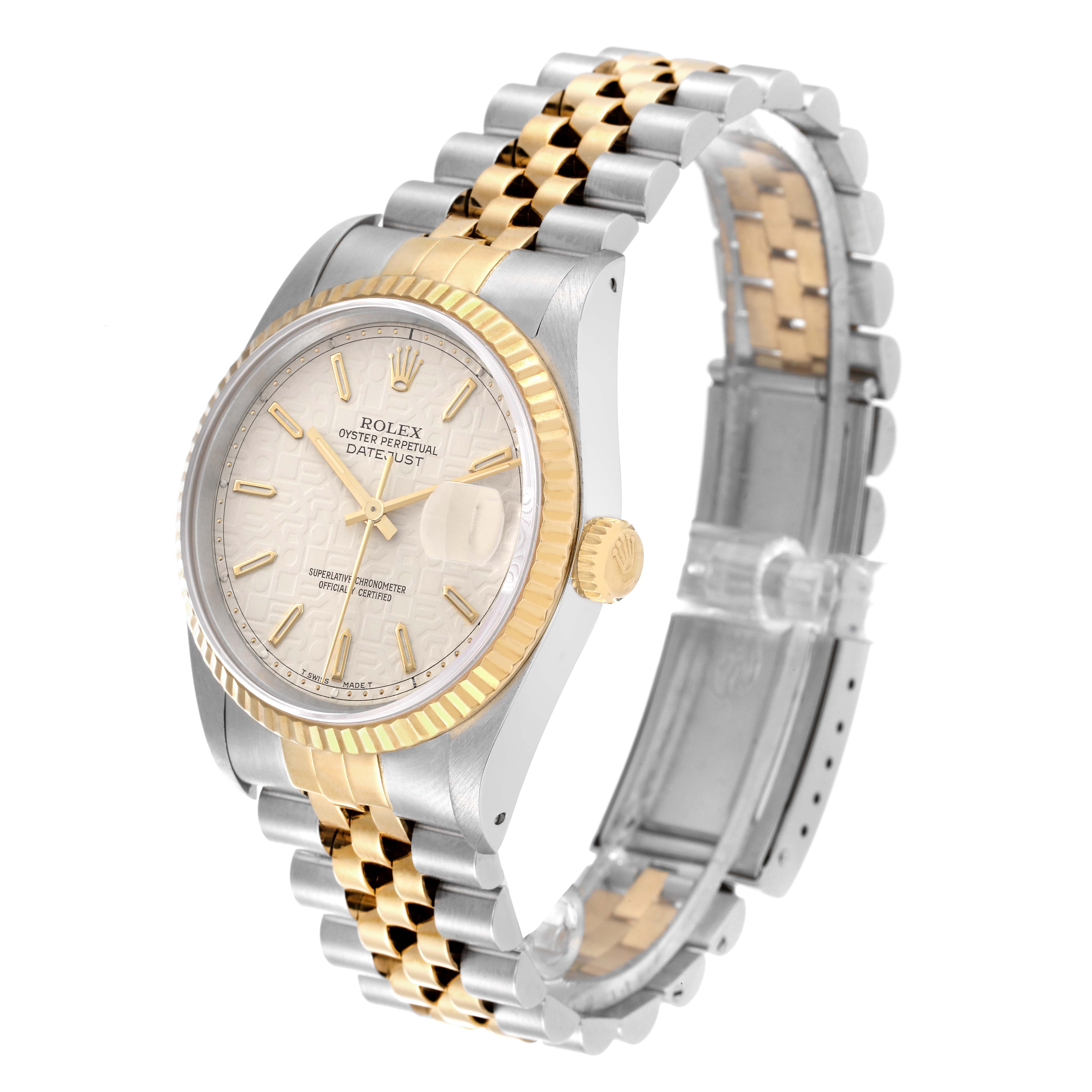 This image features a Rolex Datejust 16233 Men's Steel and Gold (two tone) Beige Dial 16233 Men's Steel and Gold (two tone) Beige Dial watch angled to show its face, bezel, crown, and two-tone bracelet.