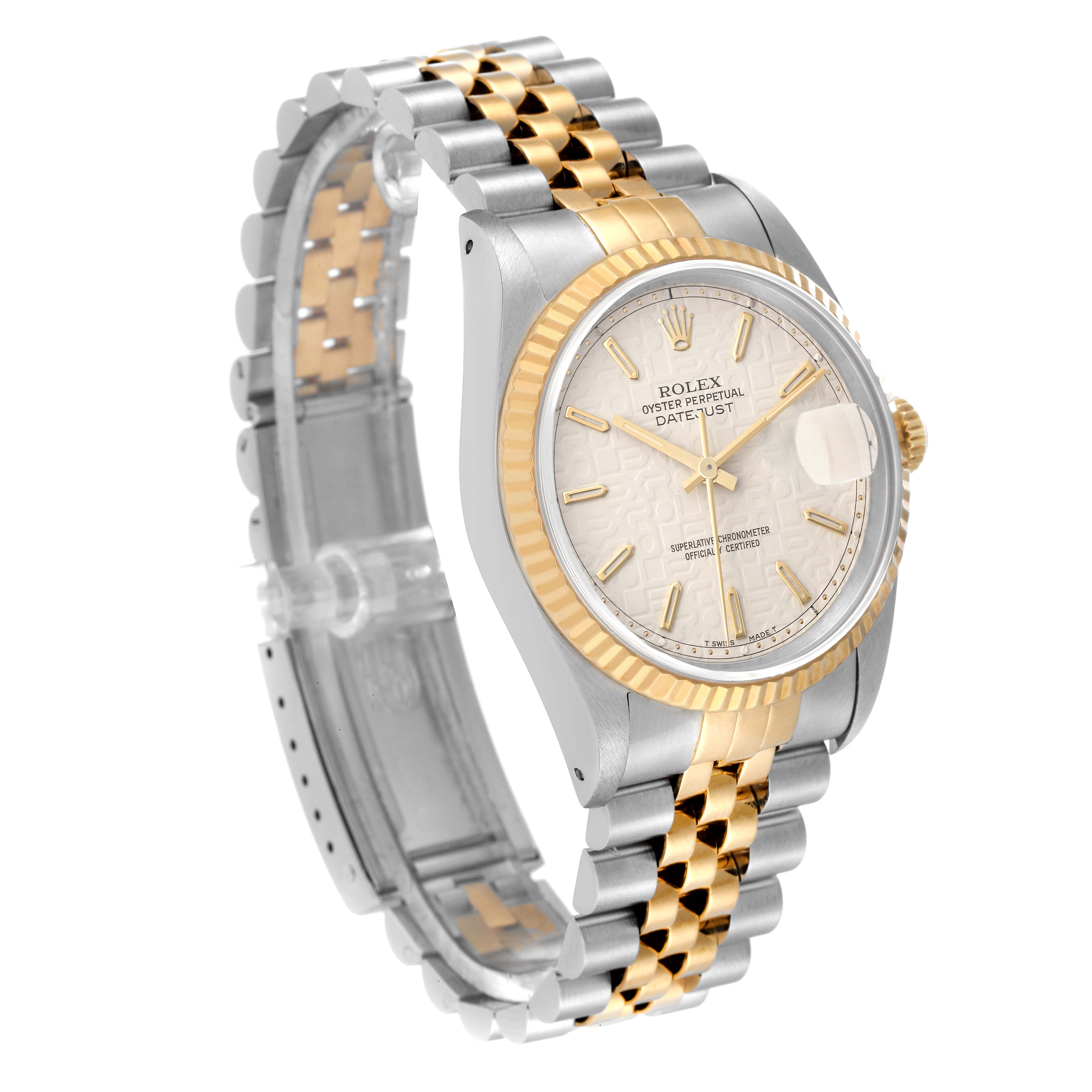The image shows a Rolex Datejust 16233 Men's Steel and Gold (two tone) Beige Dial 16233 Men's Steel and Gold (two tone) Beige Dial watch at an oblique angle, highlighting the face, bezel, and two-tone bracelet.
