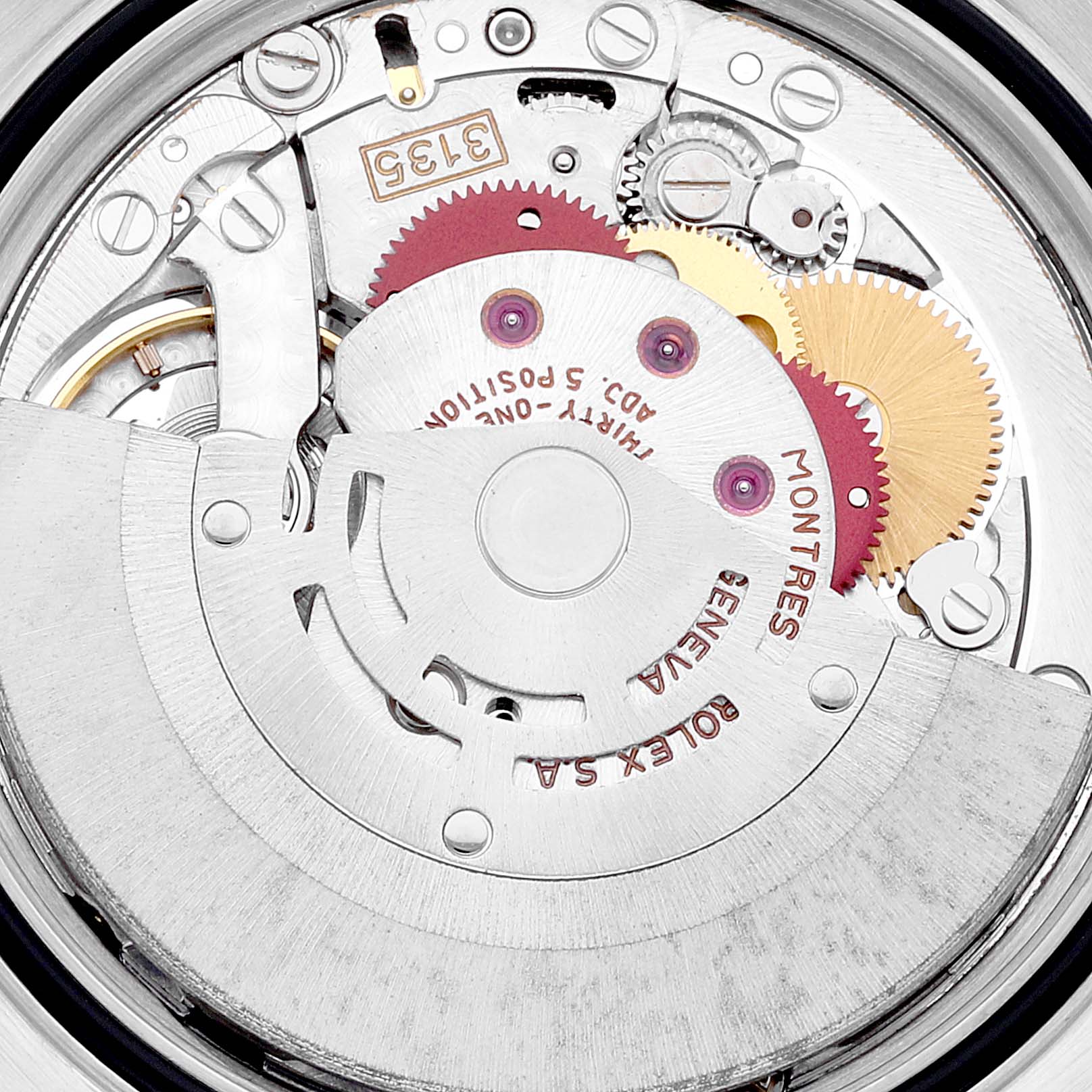 This image shows a close-up view of the intricate movement mechanism inside a Rolex Datejust 16233 Men's Steel and Gold (two tone) Beige Dial 16233 Men's Steel and Gold (two tone) Beige Dial watch.