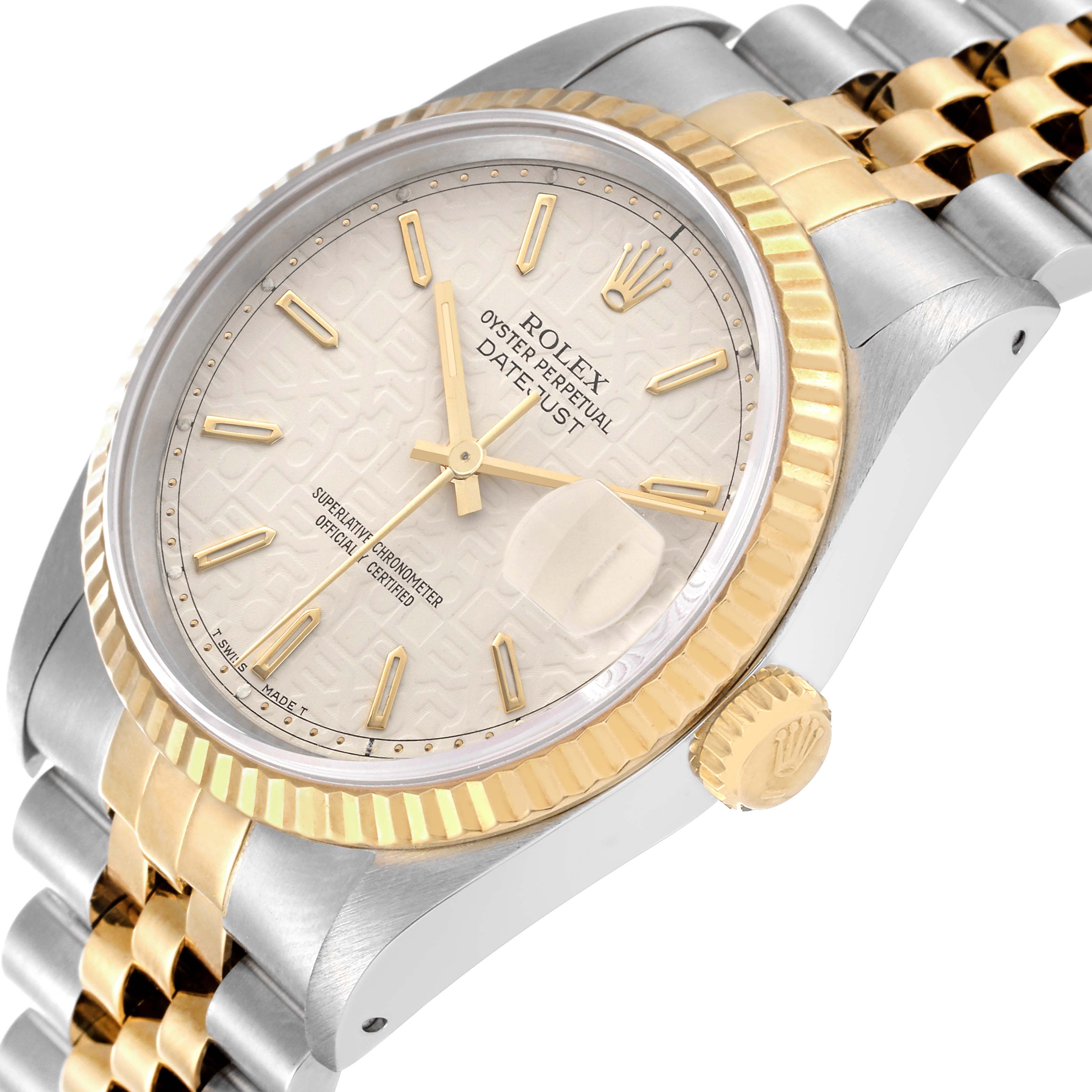 The image shows a Rolex Datejust 16233 Men's Steel and Gold (two tone) Beige Dial 16233 Men's Steel and Gold (two tone) Beige Dial watch at an angle highlighting the dial, bezel, crown, and jubilee bracelet.
