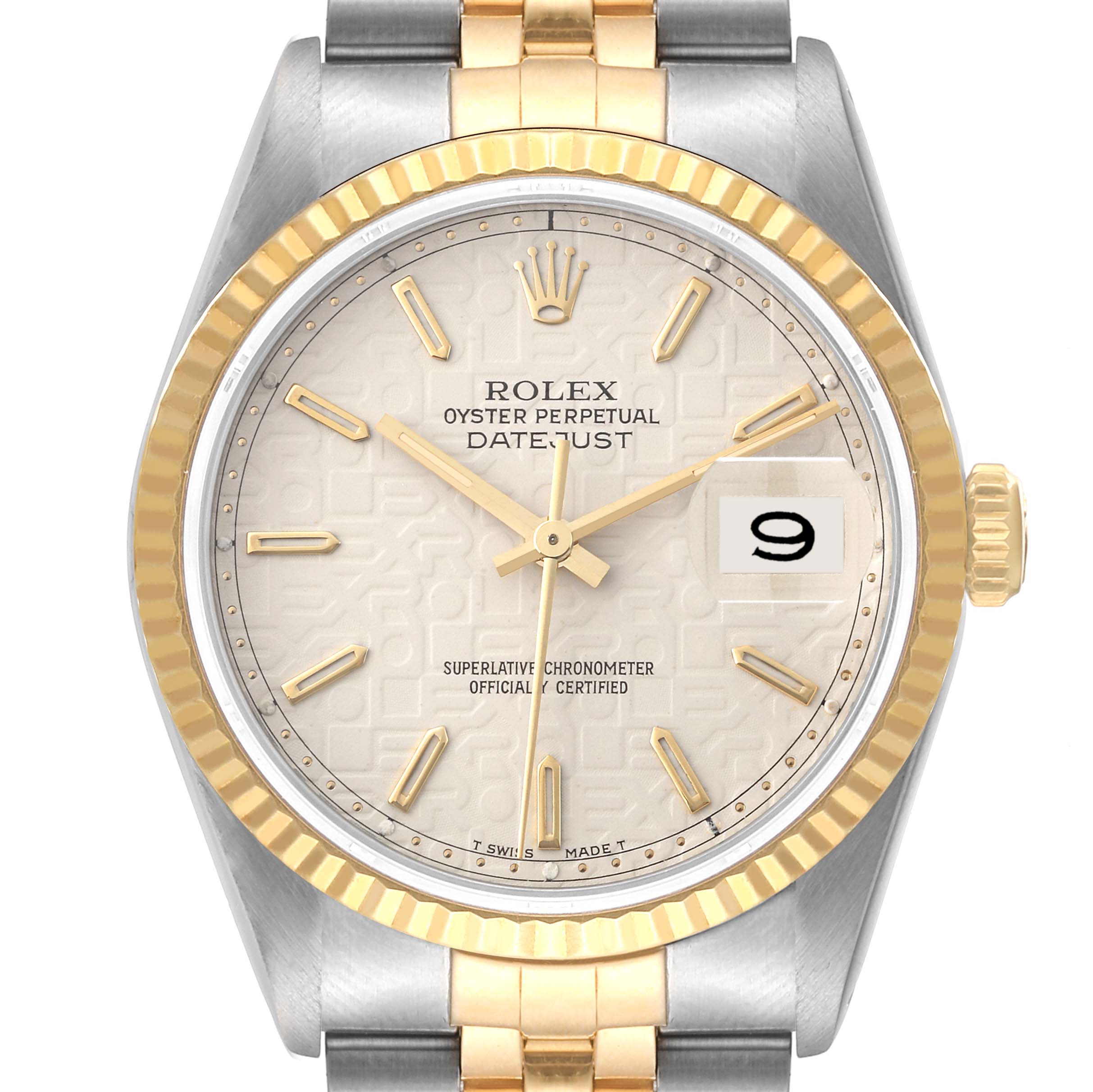 The image shows a frontal view of a Rolex Datejust 16233 Men's Steel and Gold (two tone) Beige Dial 16233 Men's Steel and Gold (two tone) Beige Dial watch, highlighting the dial, bezel, hour markers, hands, and the date window.