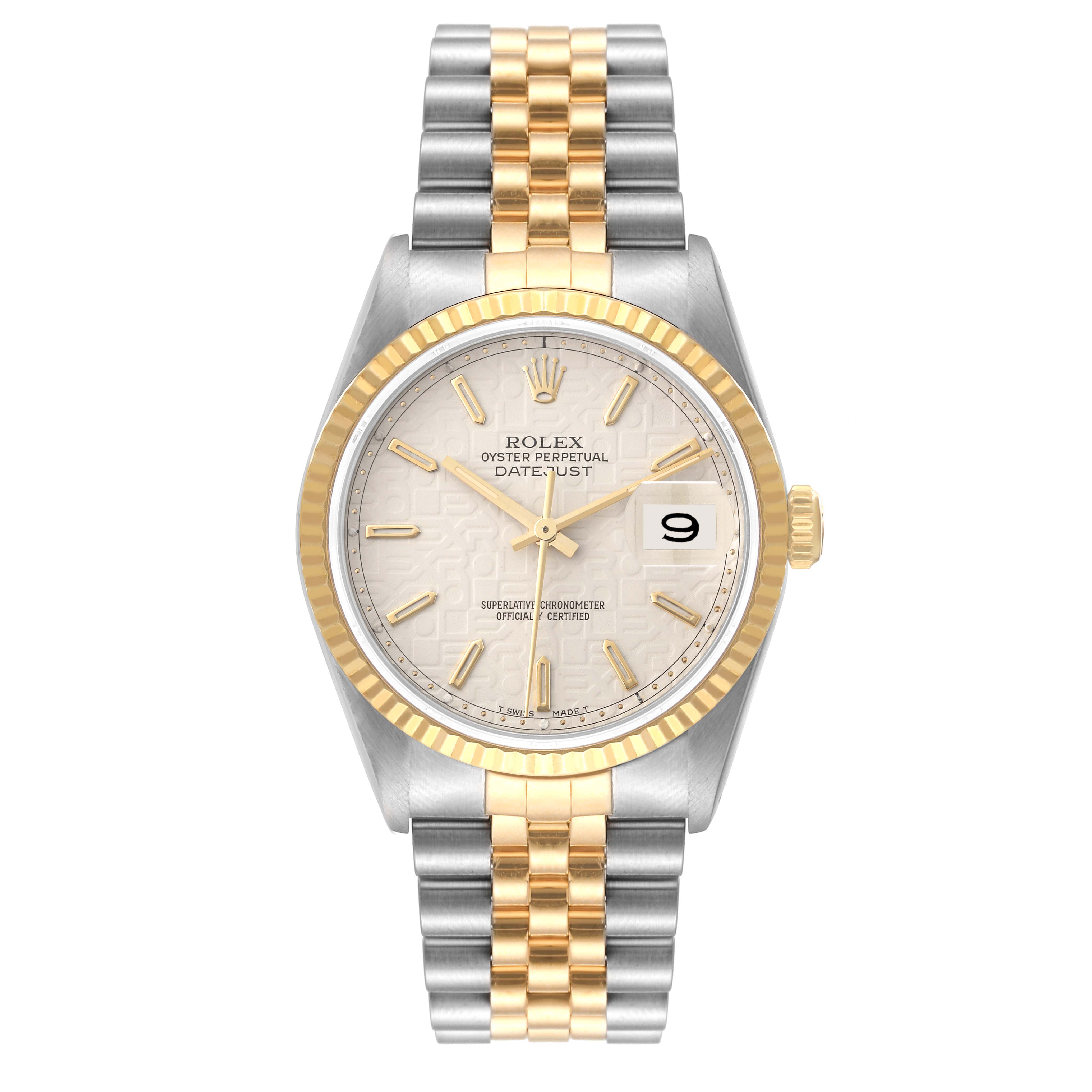 The image shows a Rolex Datejust 16233 Men's Steel and Gold (two tone) Beige Dial 16233 Men's Steel and Gold (two tone) Beige Dial watch from a front angle, highlighting the dial, bezel, and jubilee bracelet.