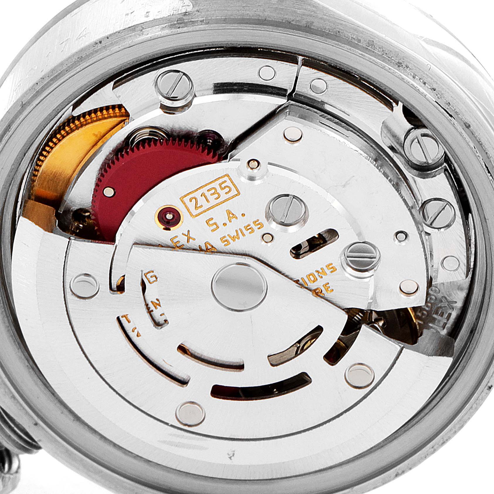 The image shows the inner movement and mechanisms of the Rolex Datejust 69174 Women
s Stainless Steel Silver Dial 69174 Women
s Stainless Steel Silver Dial model, viewed from the back.