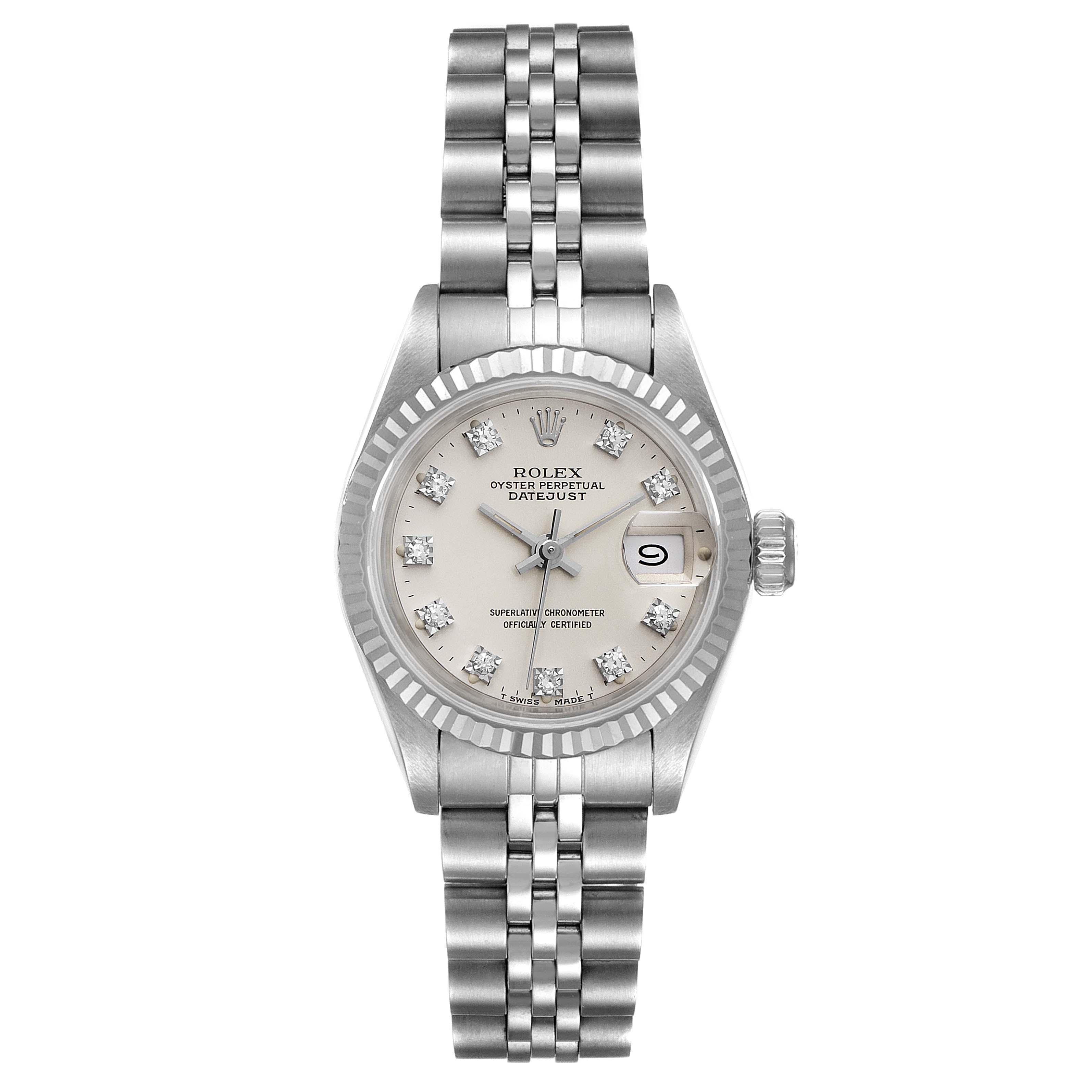 This image shows a front view of a Rolex Datejust 69174 Women
s Stainless Steel Silver Dial 69174 Women
s Stainless Steel Silver Dial watch, including its bezel, dial, hands, date window, and bracelet.