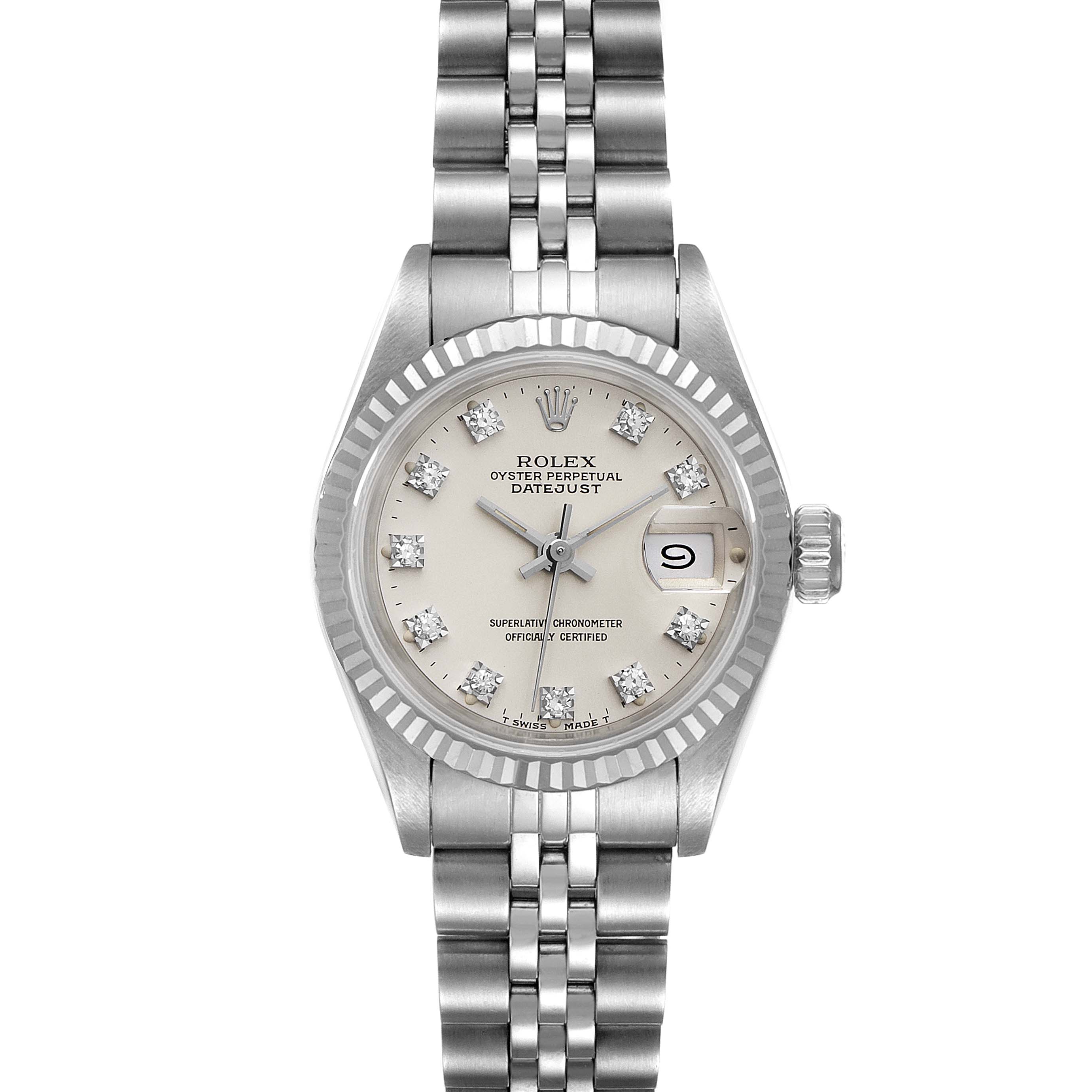 The Rolex Datejust 69174 Women
s Stainless Steel Silver Dial 69174 Women
s Stainless Steel Silver Dial watch is shown from a top-down angle, displaying the dial, date window, bezel, and bracelet.