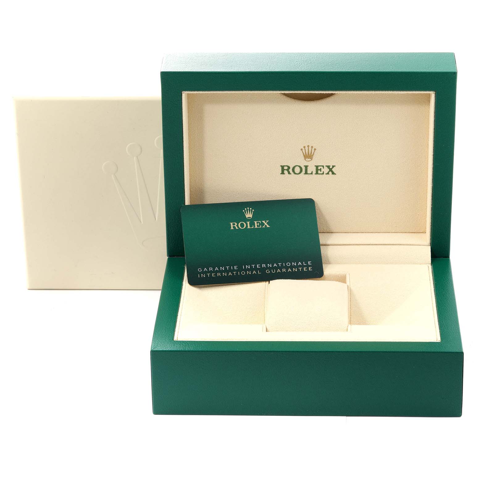The image shows an open box for a Rolex Datejust 126234 Men's Stainless Steel Grey Dial 126234 Men's Stainless Steel Grey Dial watch, displaying the international guarantee card inside.